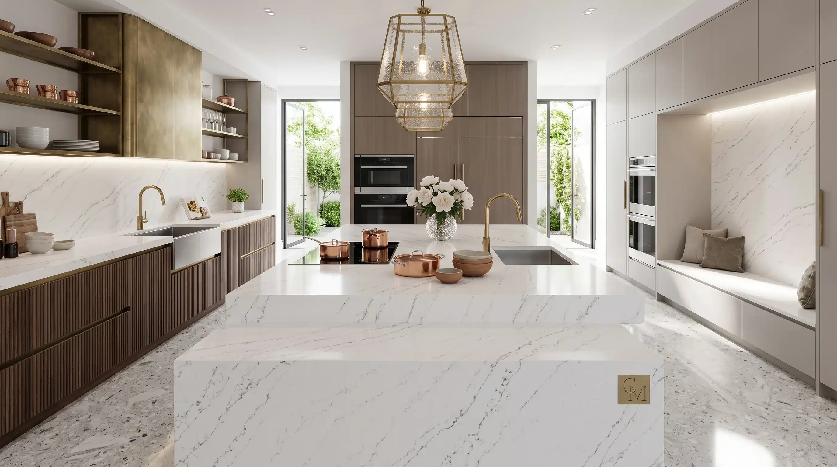 Calacatta Milan CQM312 quartz worktop in a wide-angle kitchen setting