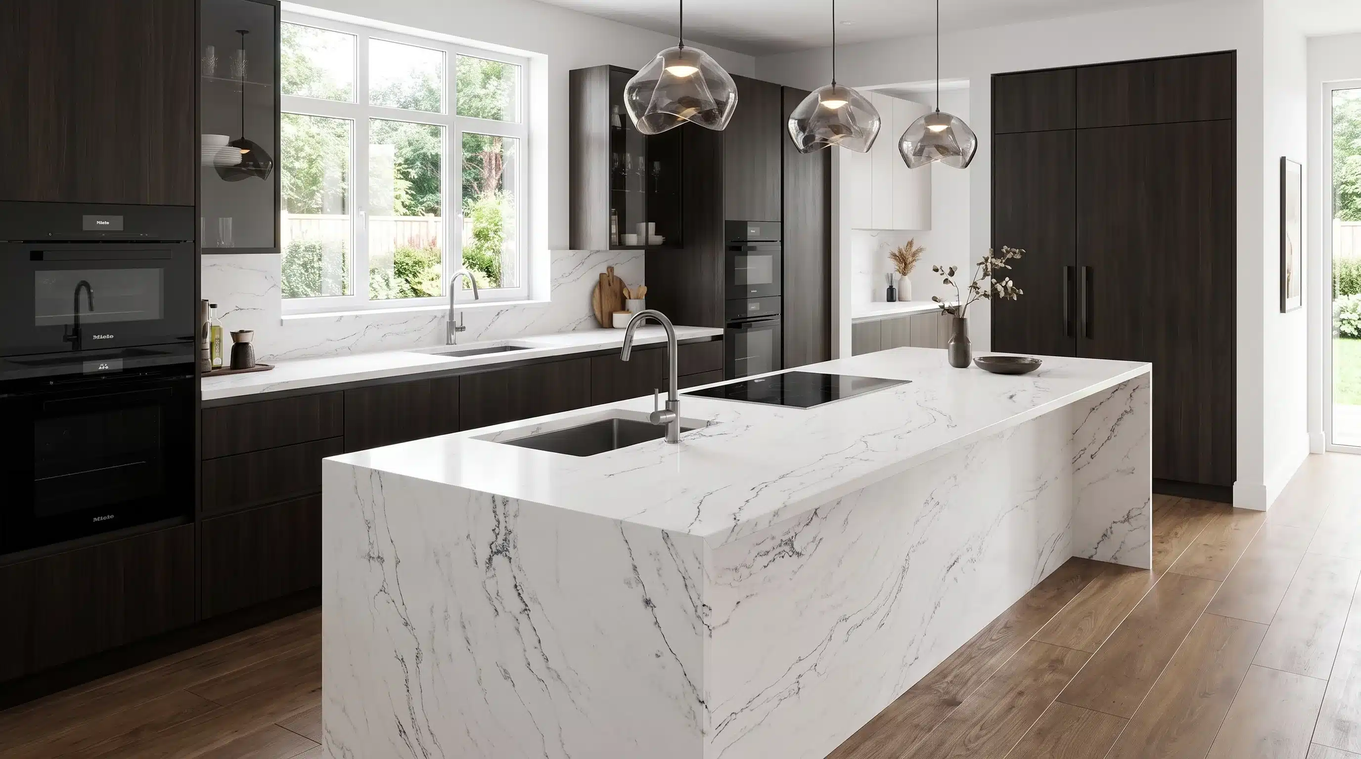 Statuario Milan CQM313 quartz worktop in a wide-angle kitchen setting