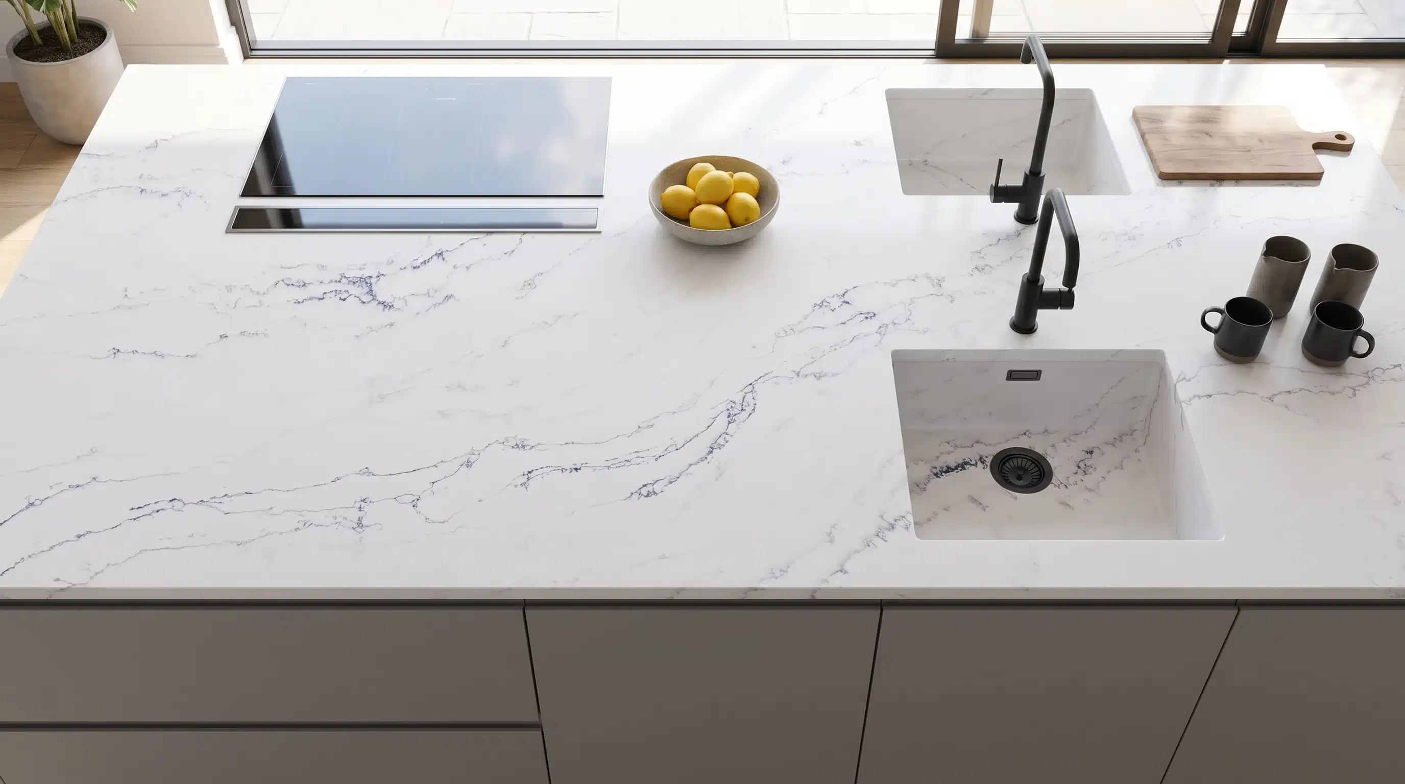 Overhead view of Statuario Milan CQM313 quartz worktop in a fitted kitchen