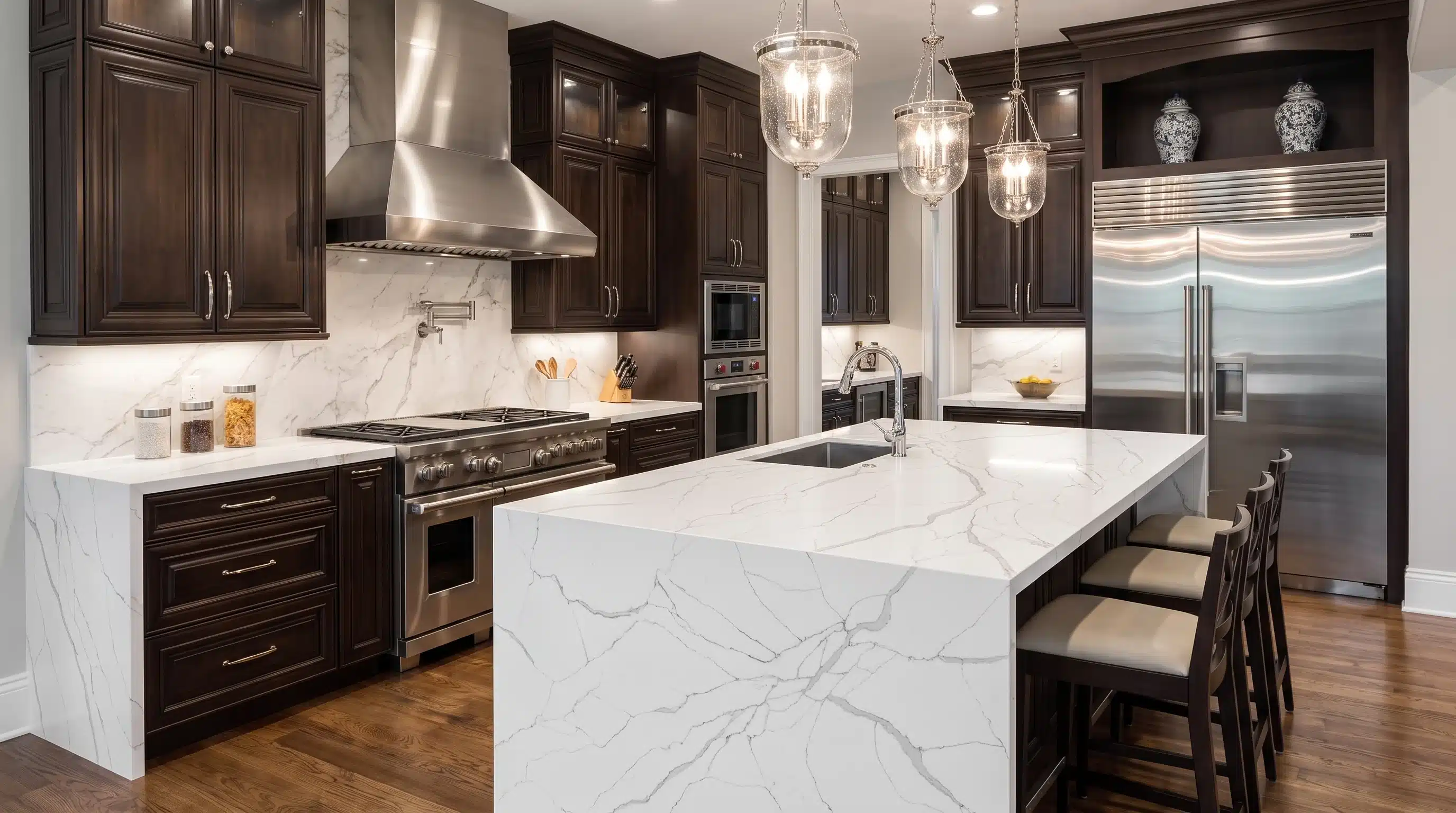 Calacatta Vegle CQM317 quartz worktop in a wide-angle kitchen setting