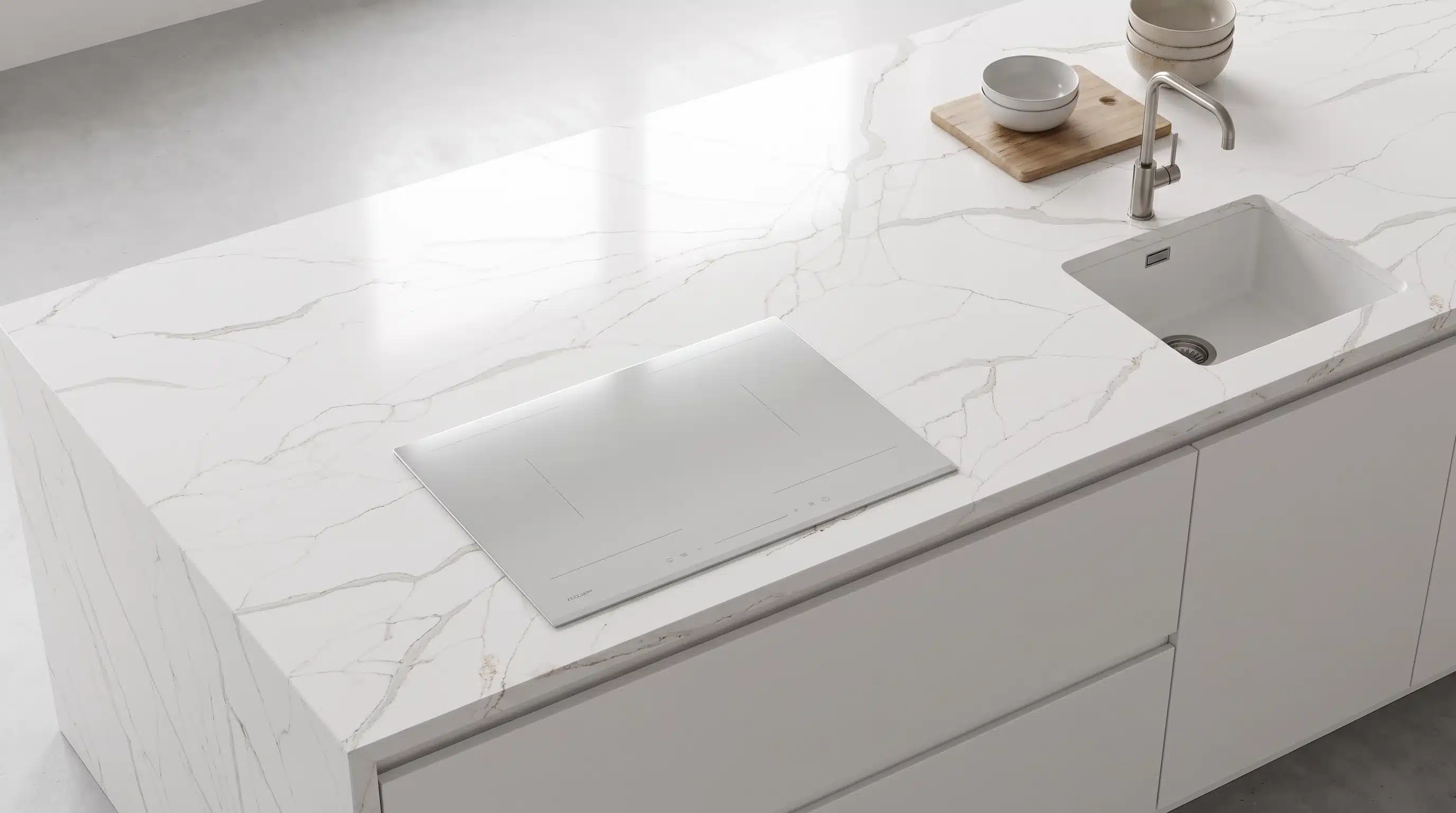 Overhead view of Calacatta Vegle CQM317 quartz worktop in a fitted kitchen