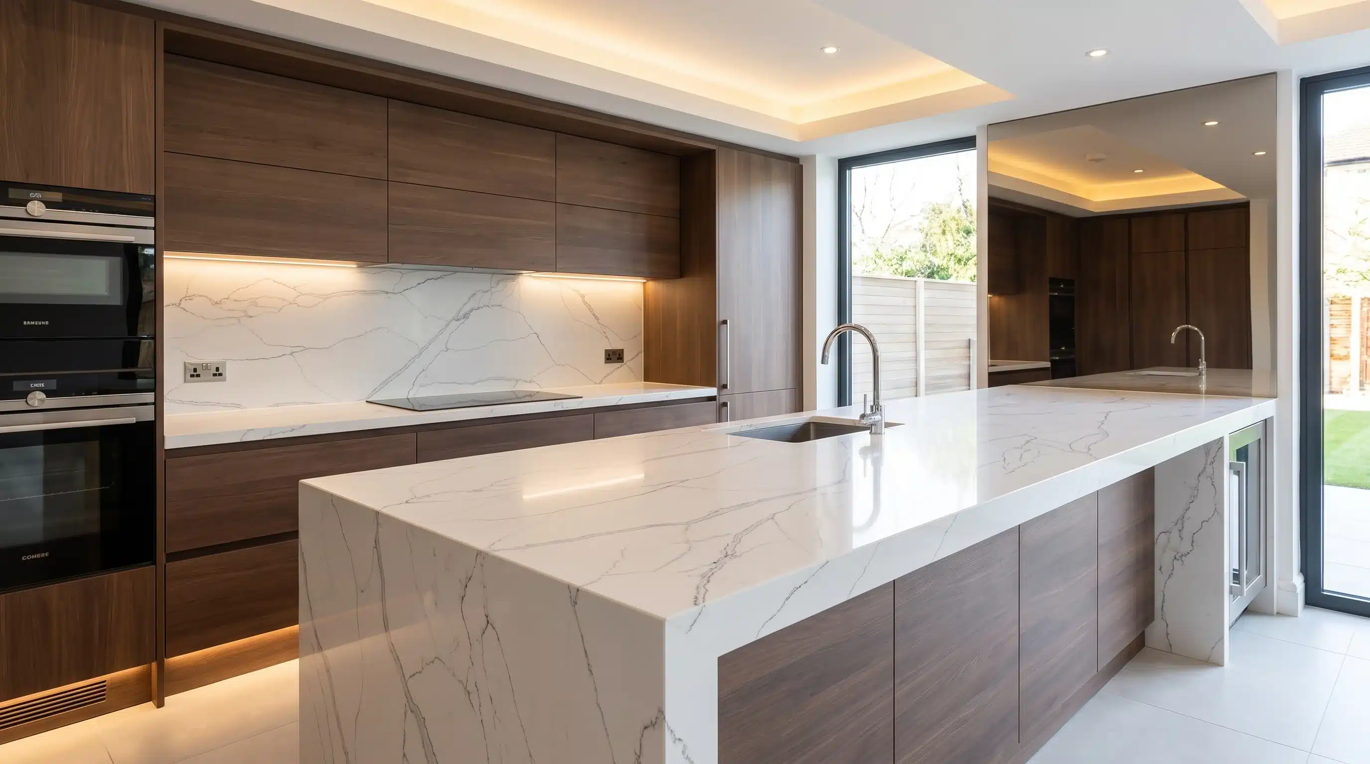 Statuario Vegle CQM318 quartz worktop in a wide-angle kitchen setting
