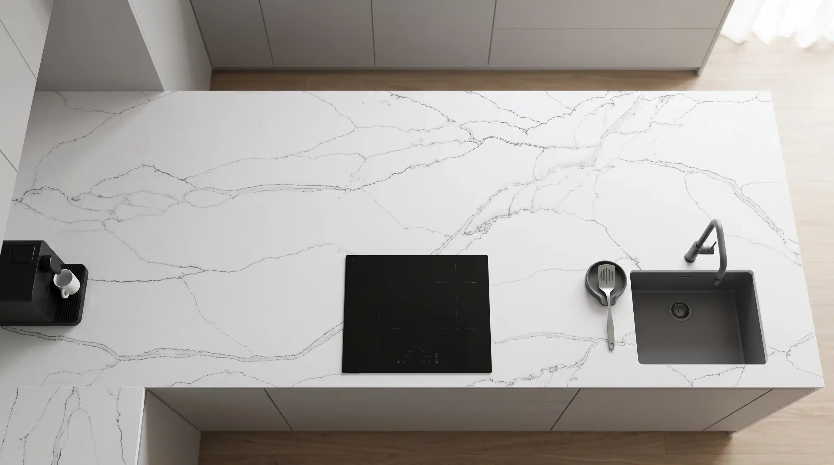 Overhead view of Statuario Vegle CQM318 quartz worktop in a fitted kitchen
