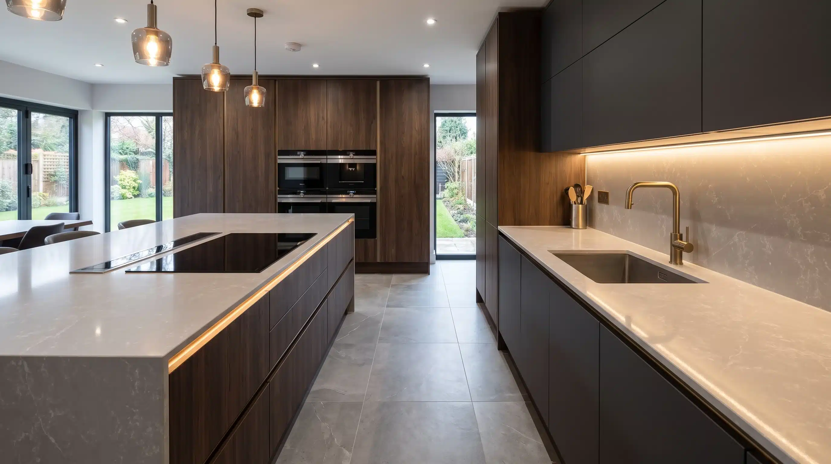 Roma Grey CQM320 quartz worktop in a wide-angle kitchen setting