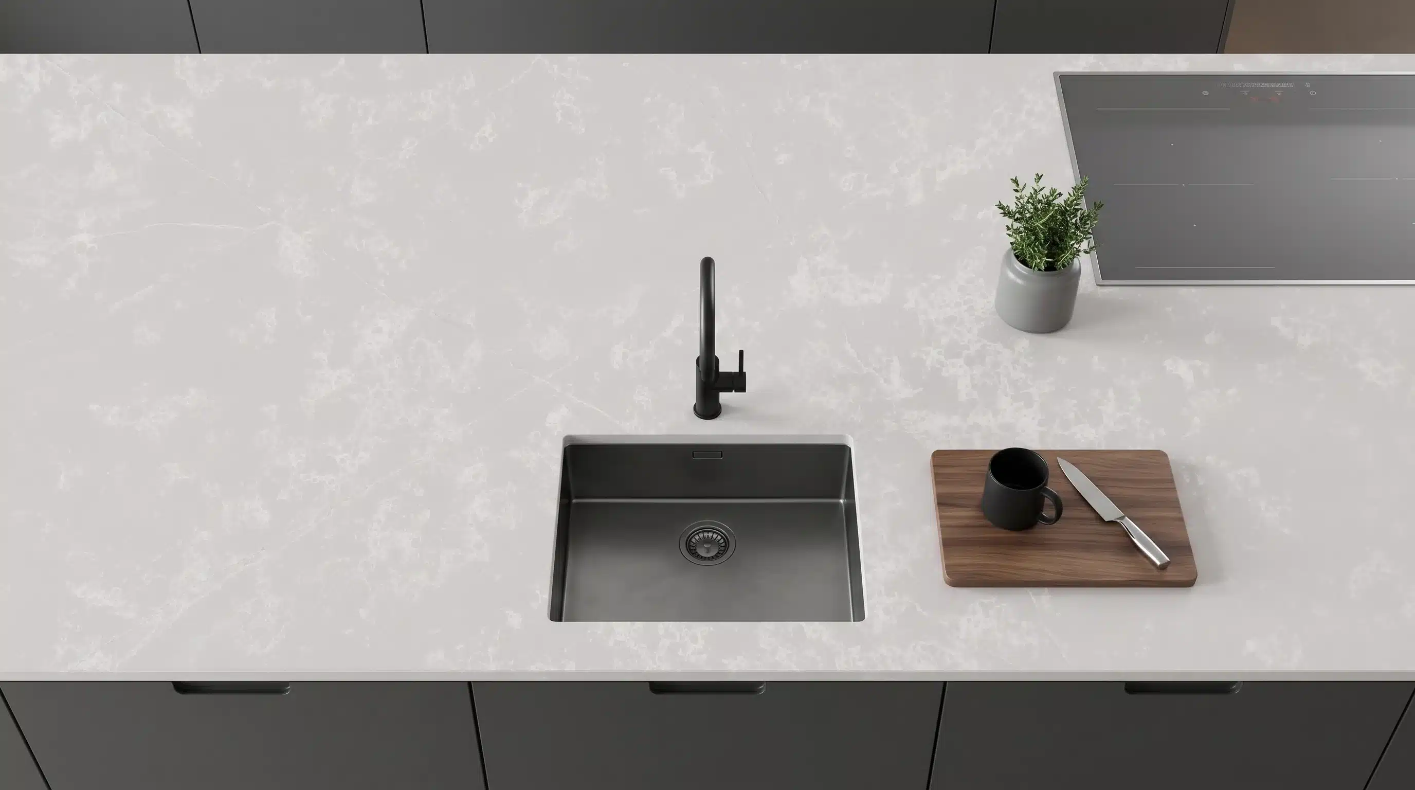 Overhead view of Roma Grey CQM320 quartz worktop in a fitted kitchen