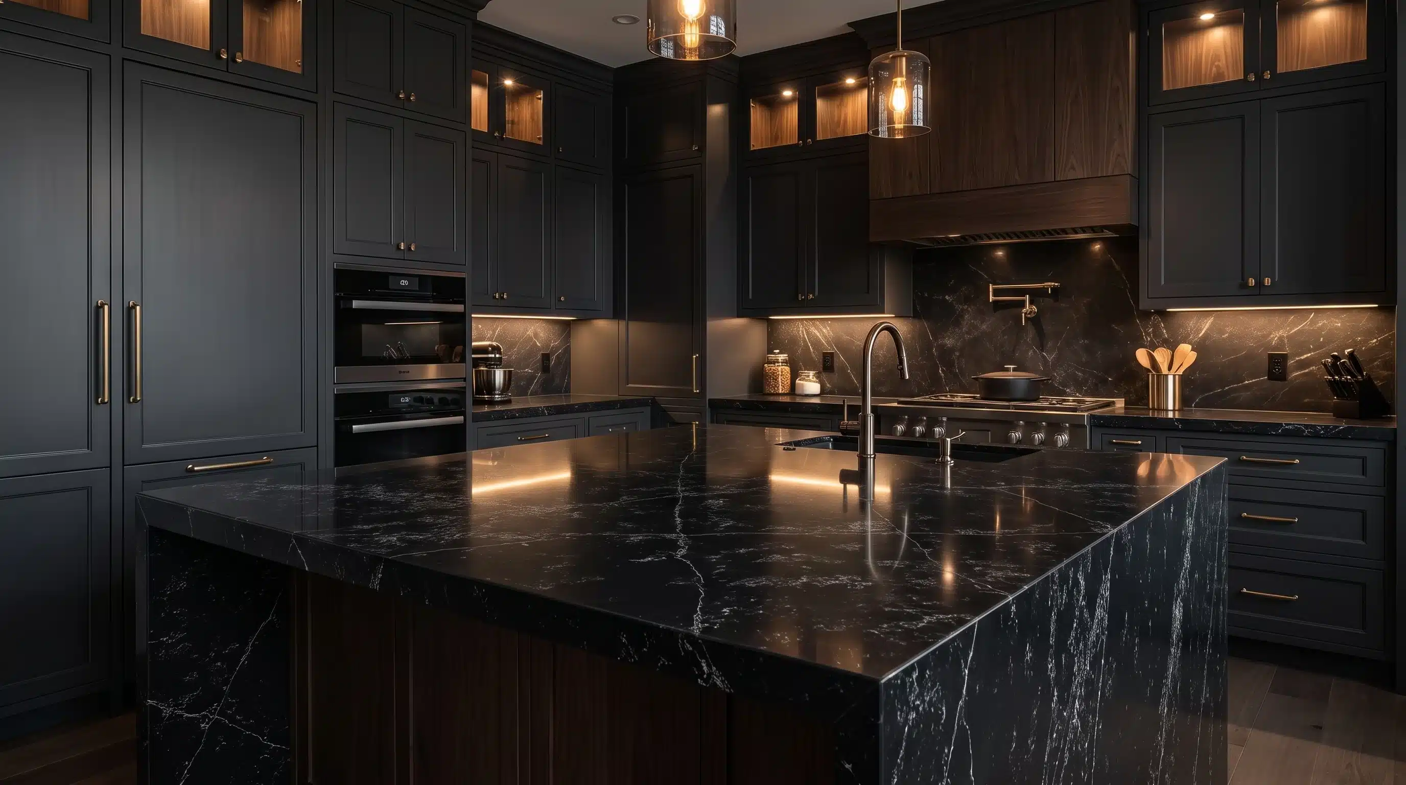 Roma Black CQM321 quartz worktop in a wide-angle kitchen setting