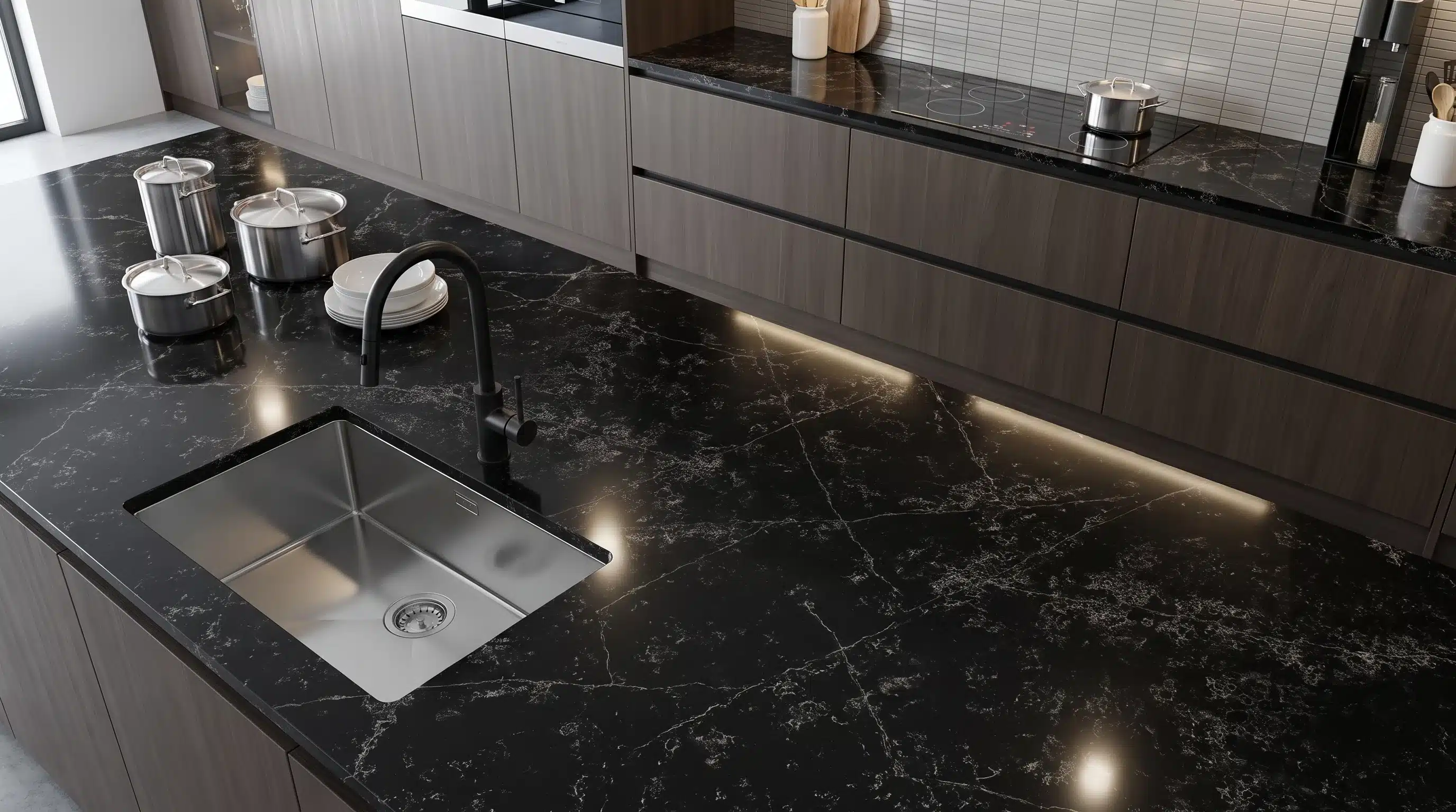 Overhead view of Roma Black CQM321 quartz worktop in a fitted kitchen