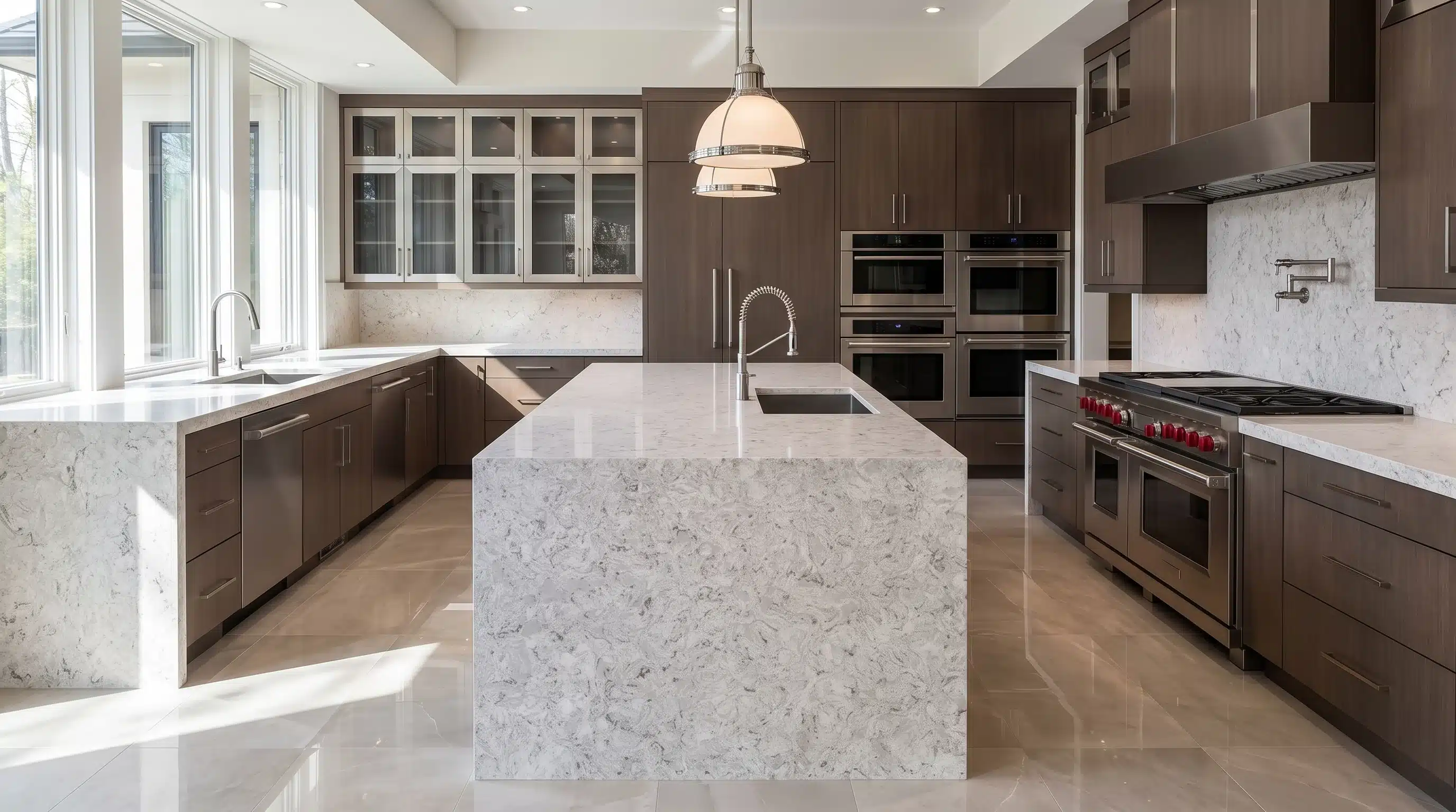 Fiji CQM322 quartz worktop in a wide-angle kitchen setting