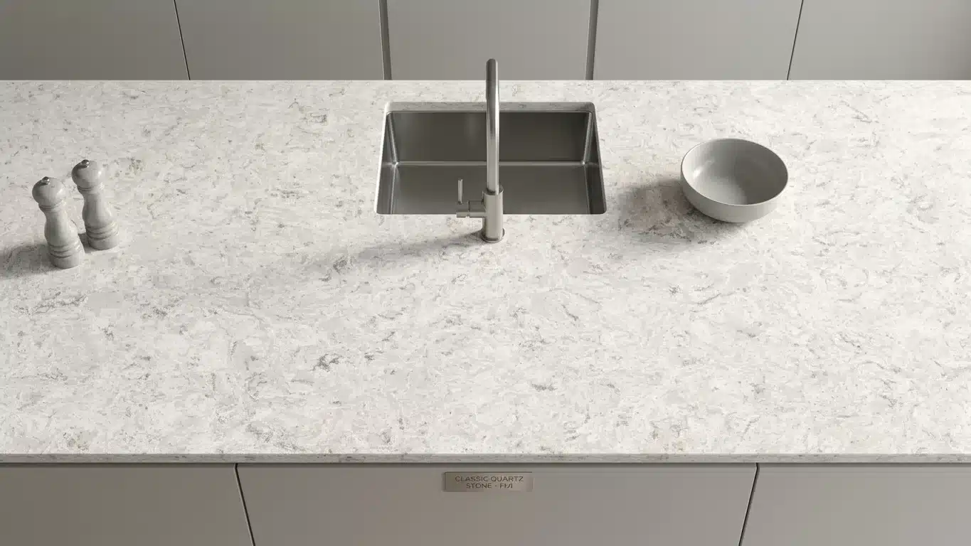 Overhead view of Fiji CQM322 quartz worktop in a fitted kitchen