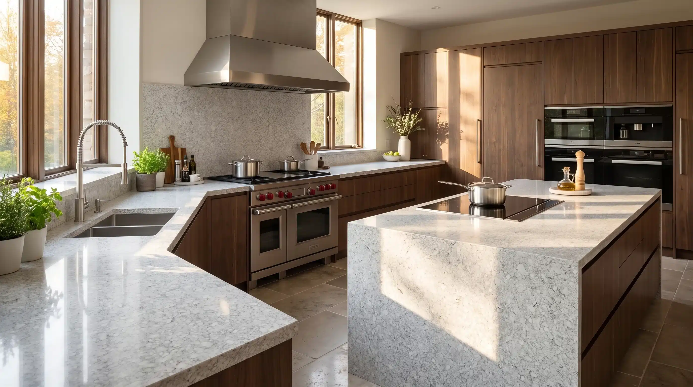 Tahiti CQM323 quartz worktop in a wide-angle kitchen setting