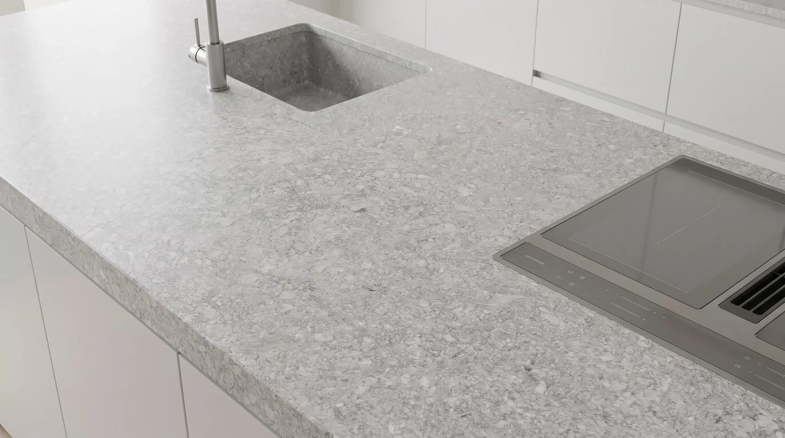 Overhead view of Tahiti CQM323 quartz worktop in a fitted kitchen