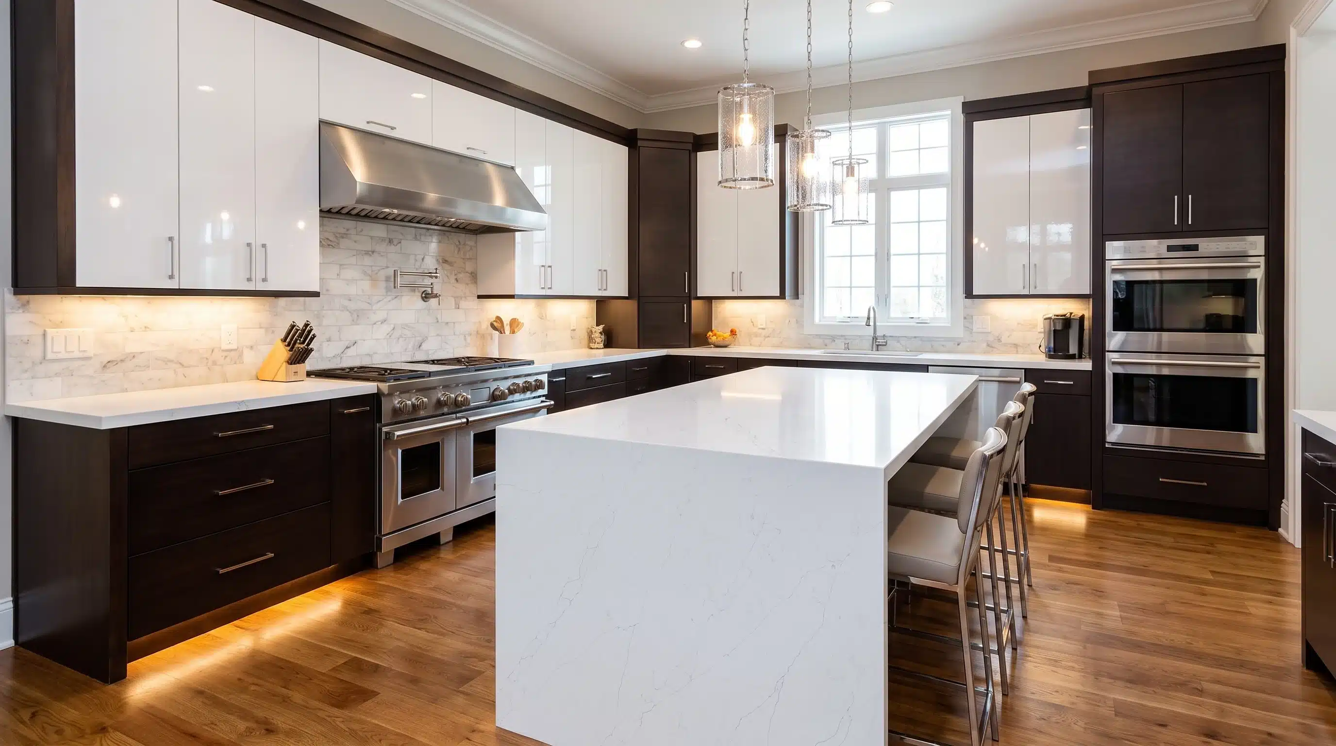 Alaska Bianca CQM424 quartz worktop in a wide-angle kitchen setting