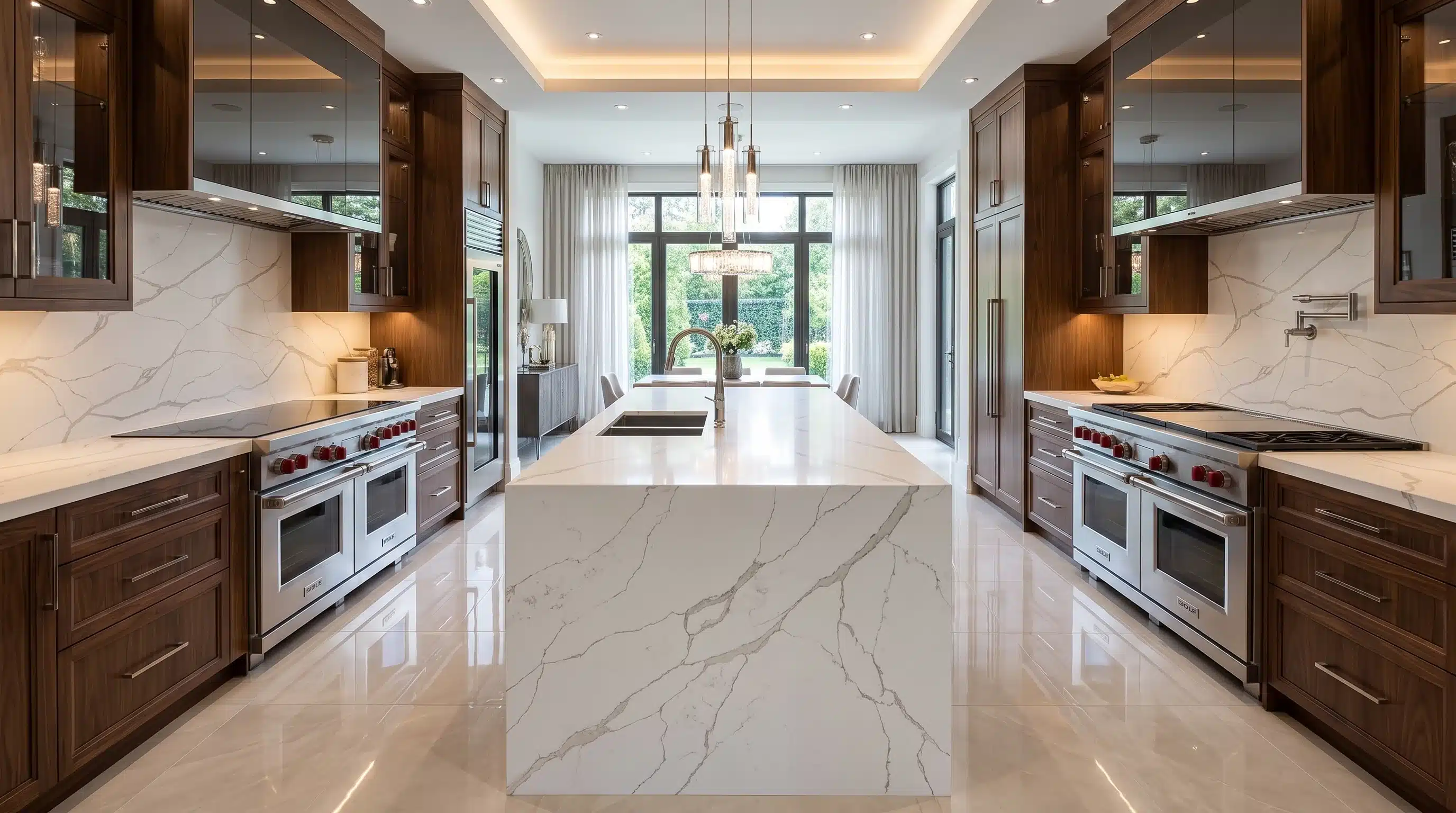 Calacatta Lusso CQM426 quartz worktop in a wide-angle kitchen setting