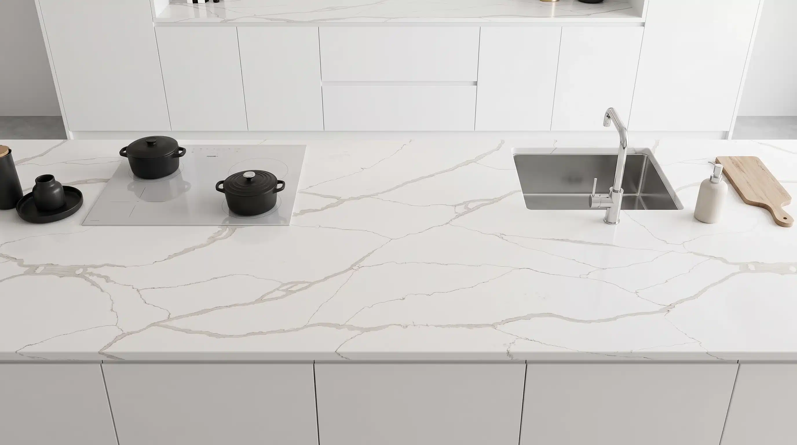 Overhead view of Calacatta Lusso CQM426 quartz worktop in a fitted kitchen
