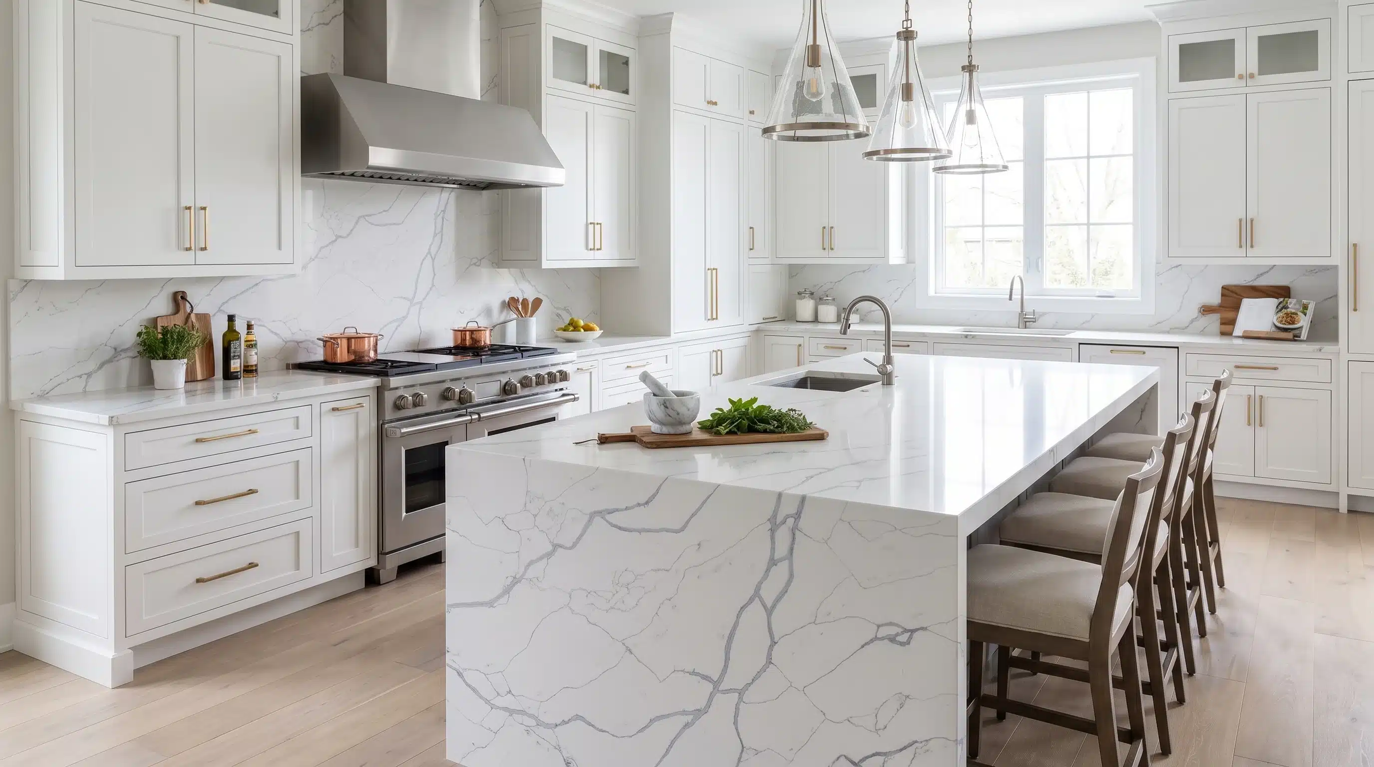 Statuario Venato CQM427 quartz worktop in a wide-angle kitchen setting