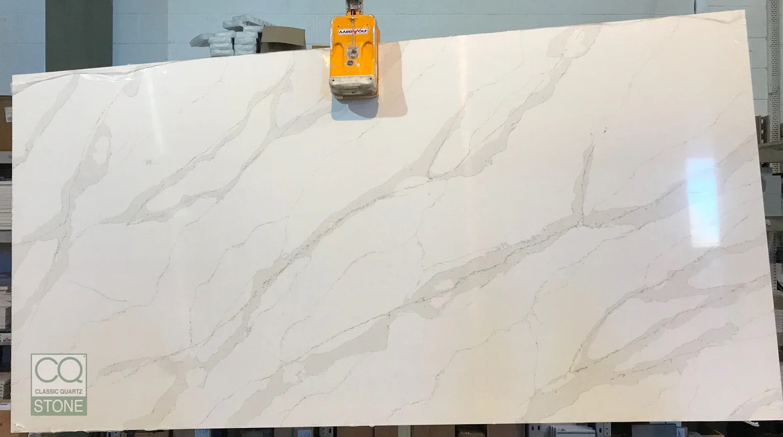 Full slab of Calacatta Gold CQM430 white quartz from Classic Quartz Stone