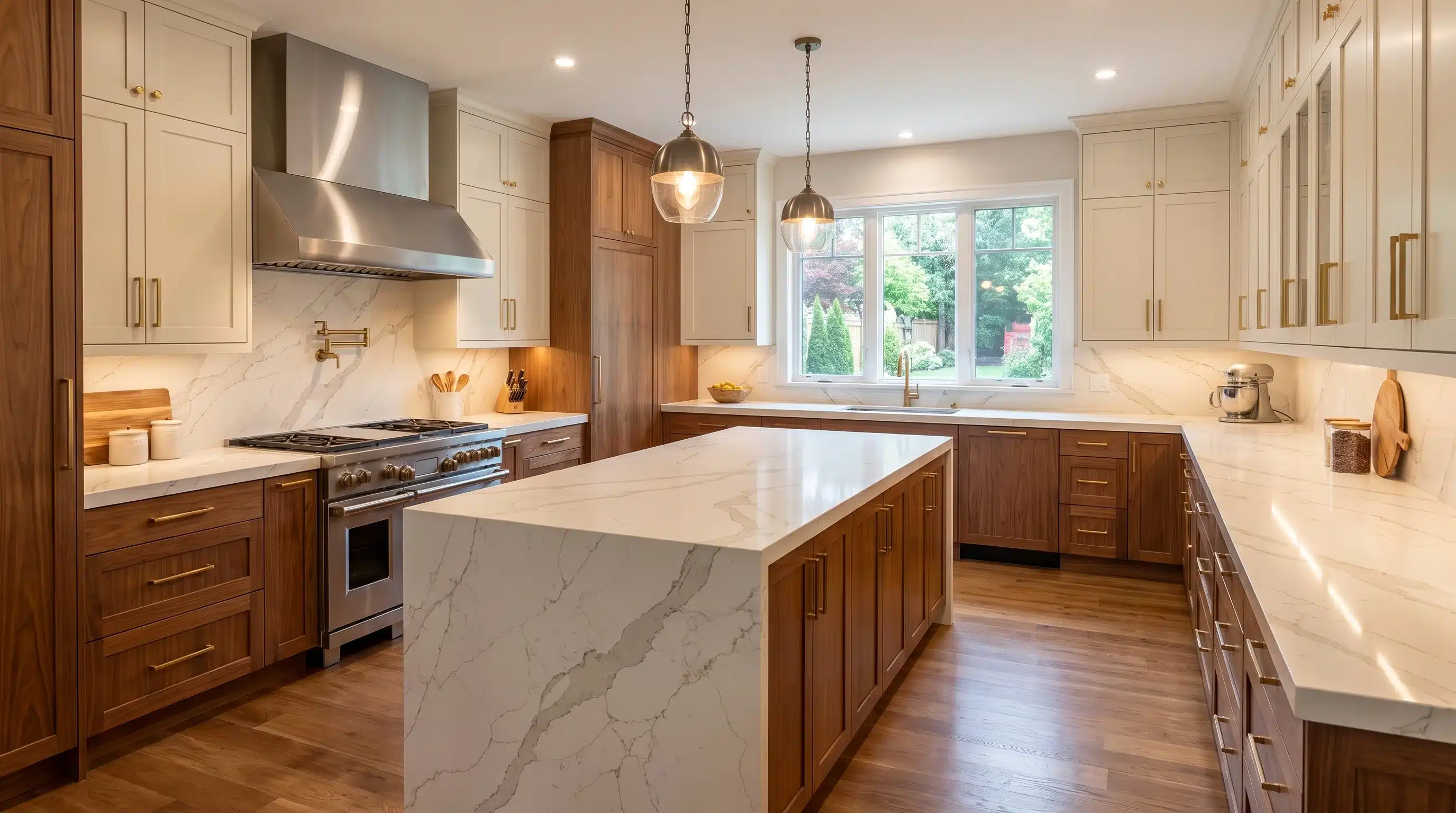 Calacatta Gold CQM430 quartz worktop in a wide-angle kitchen setting