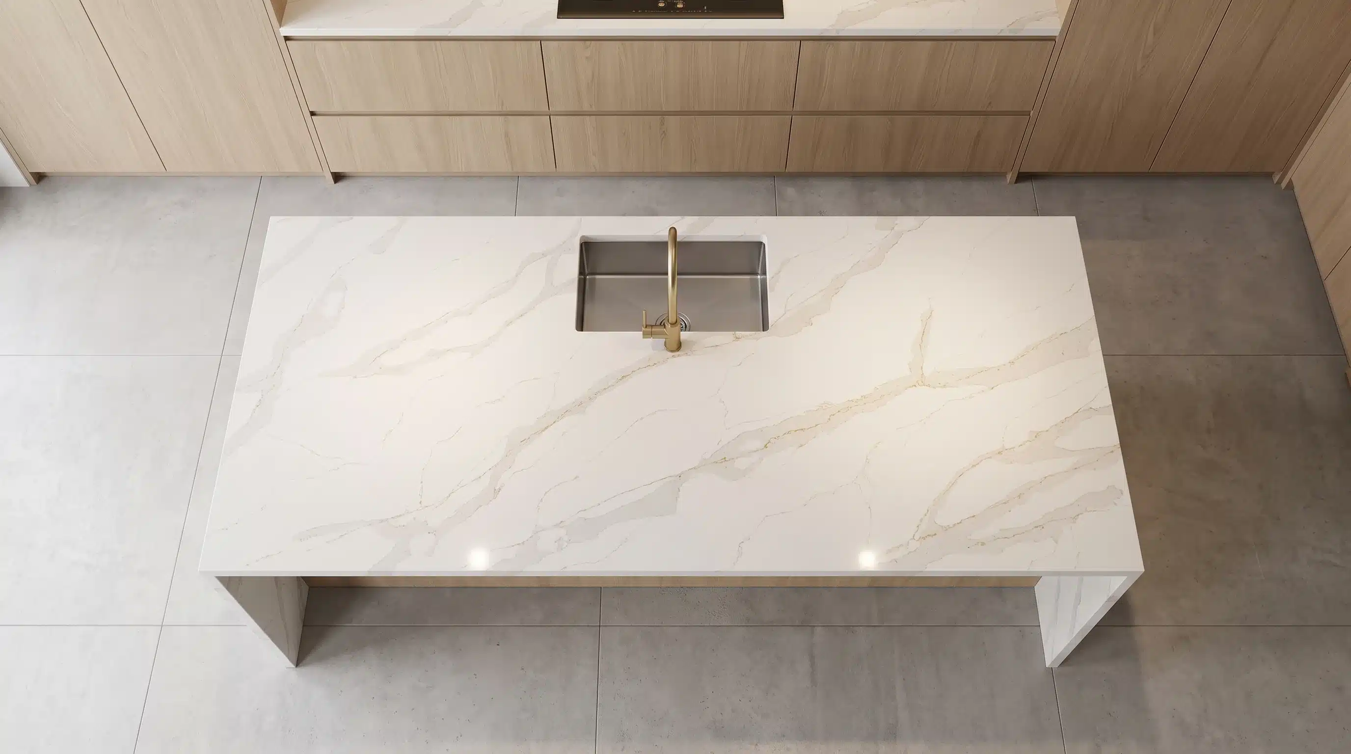 Overhead view of Calacatta Gold CQM430 quartz worktop in a fitted kitchen