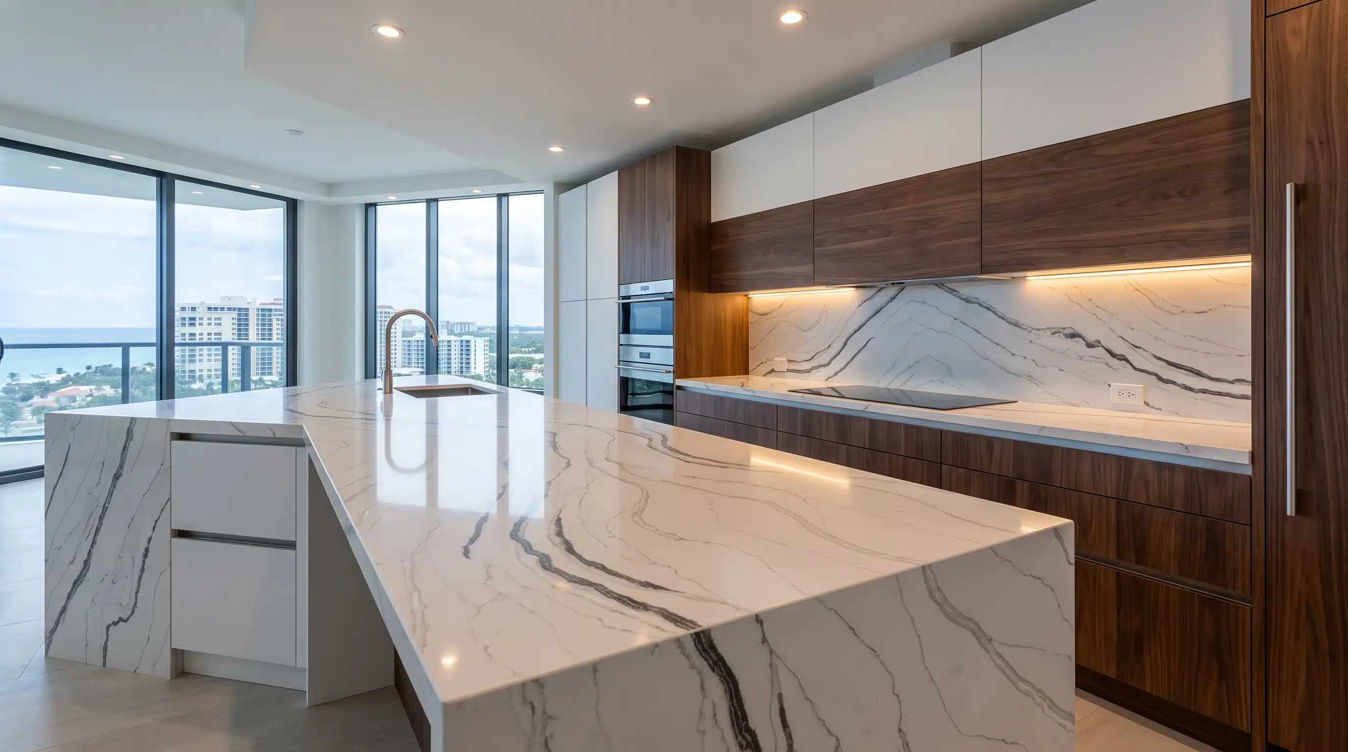 Monaco CQM431 quartz worktop in a wide-angle kitchen setting