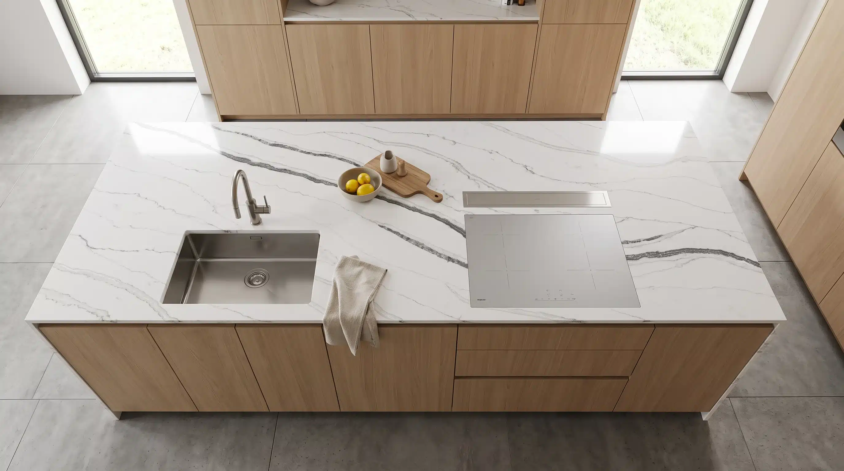 Overhead view of Monaco CQM431 quartz worktop in a fitted kitchen