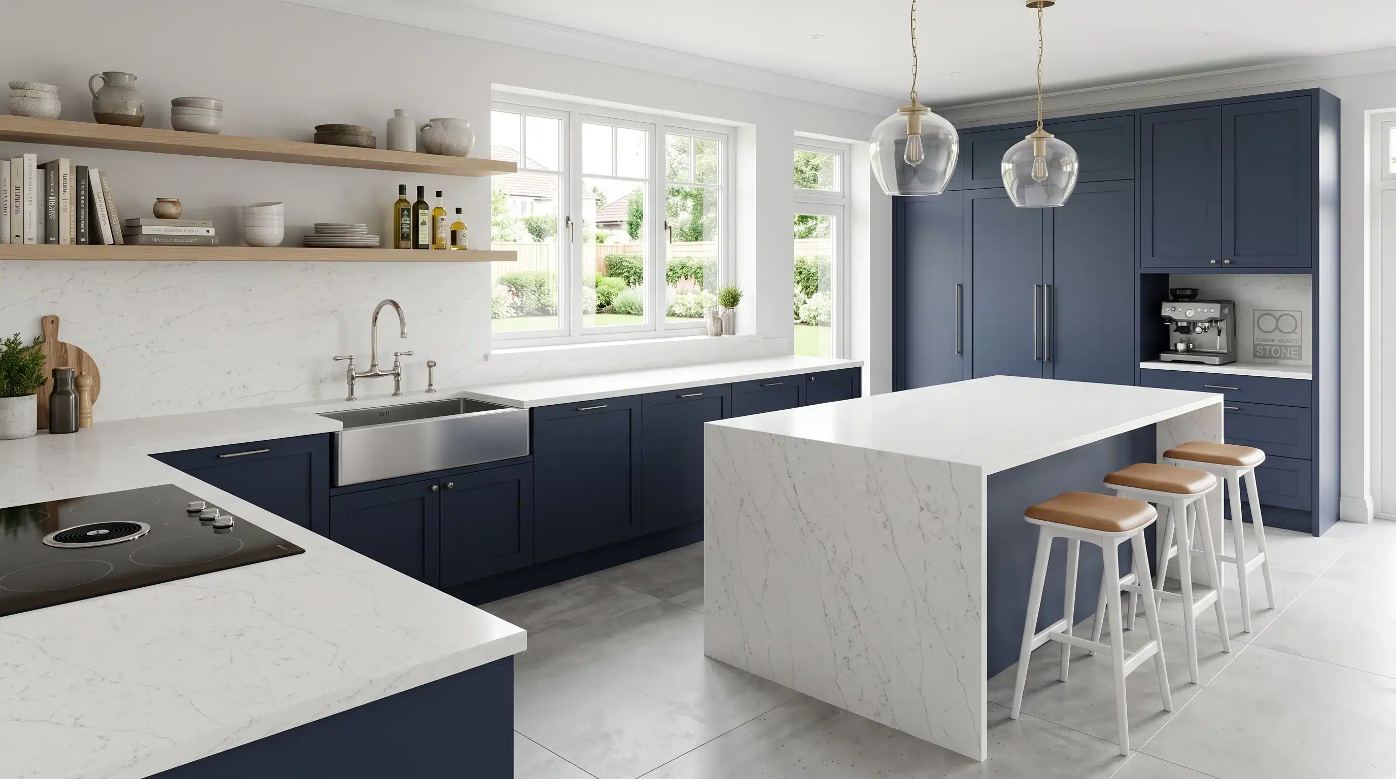 Everest CQM435 quartz worktop in a wide-angle kitchen setting