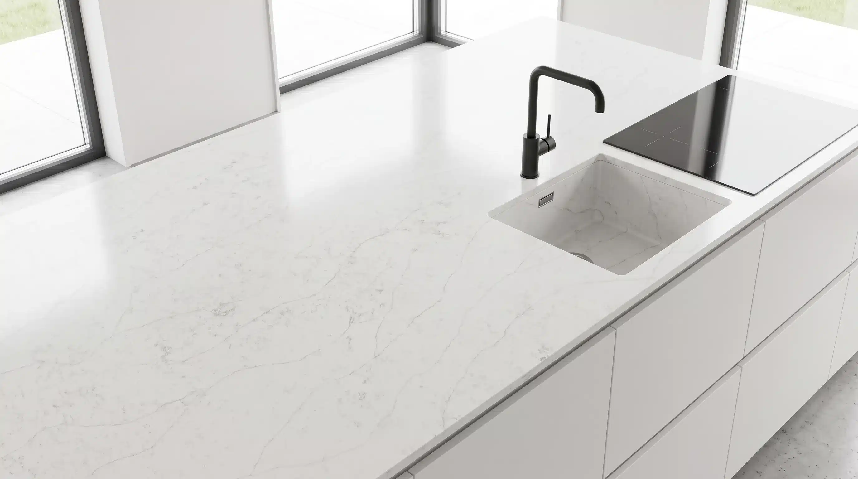 Overhead view of Everest CQM435 quartz worktop in a fitted kitchen