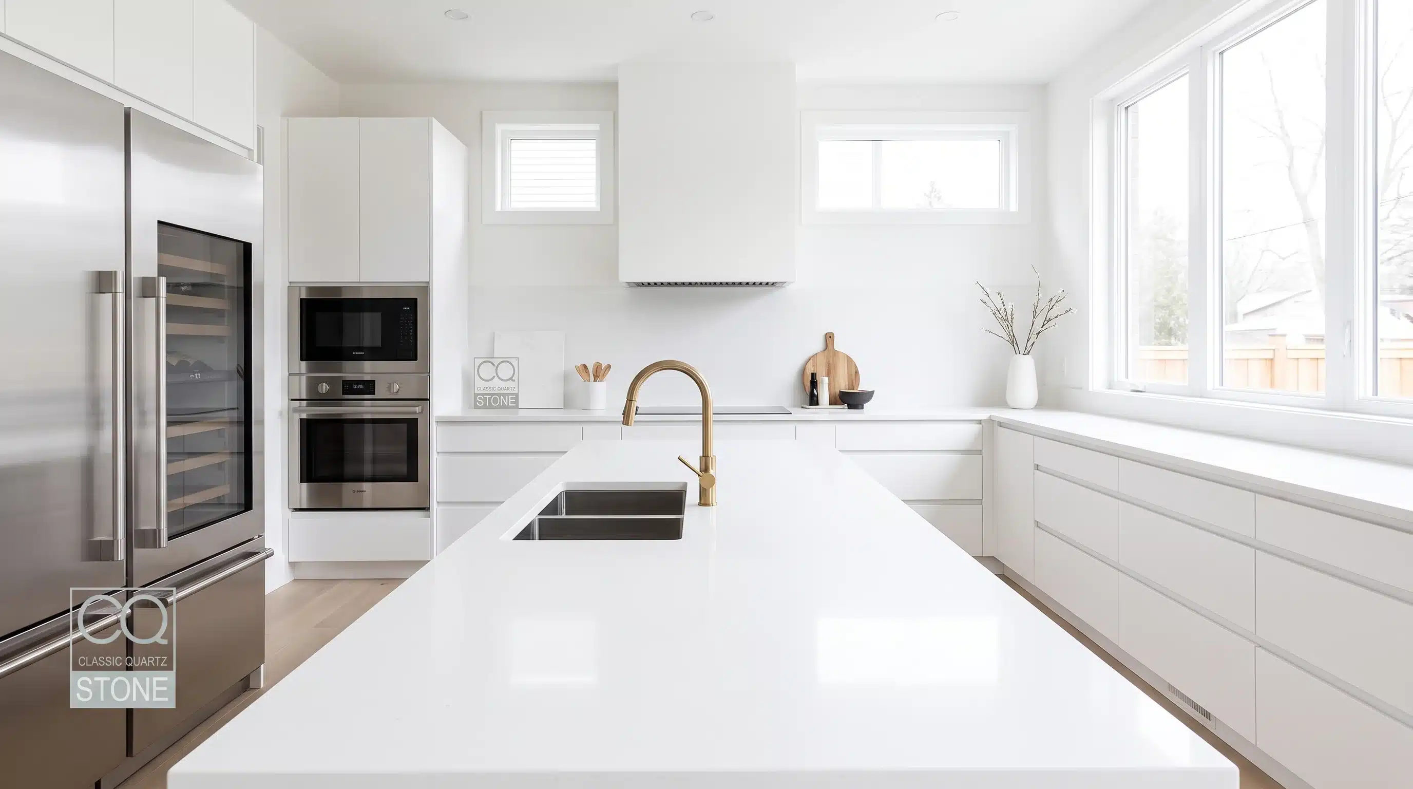 Milky White CQM436 quartz worktop in a wide-angle kitchen setting
