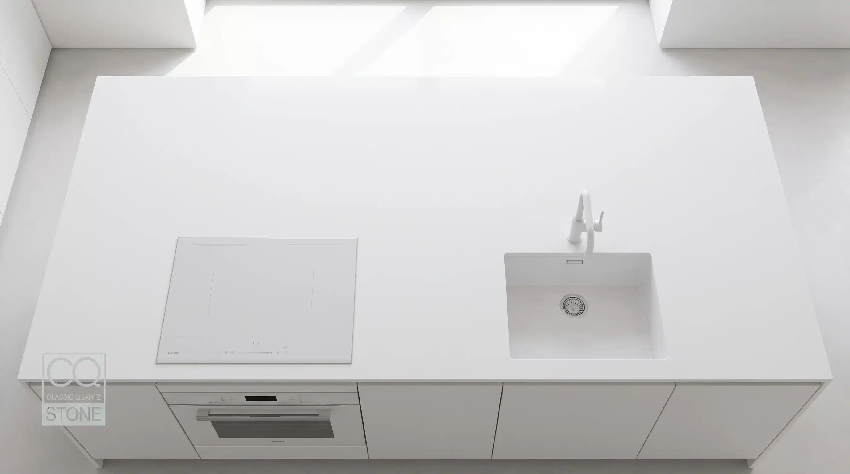 Overhead view of Milky White CQM436 quartz worktop in a fitted kitchen