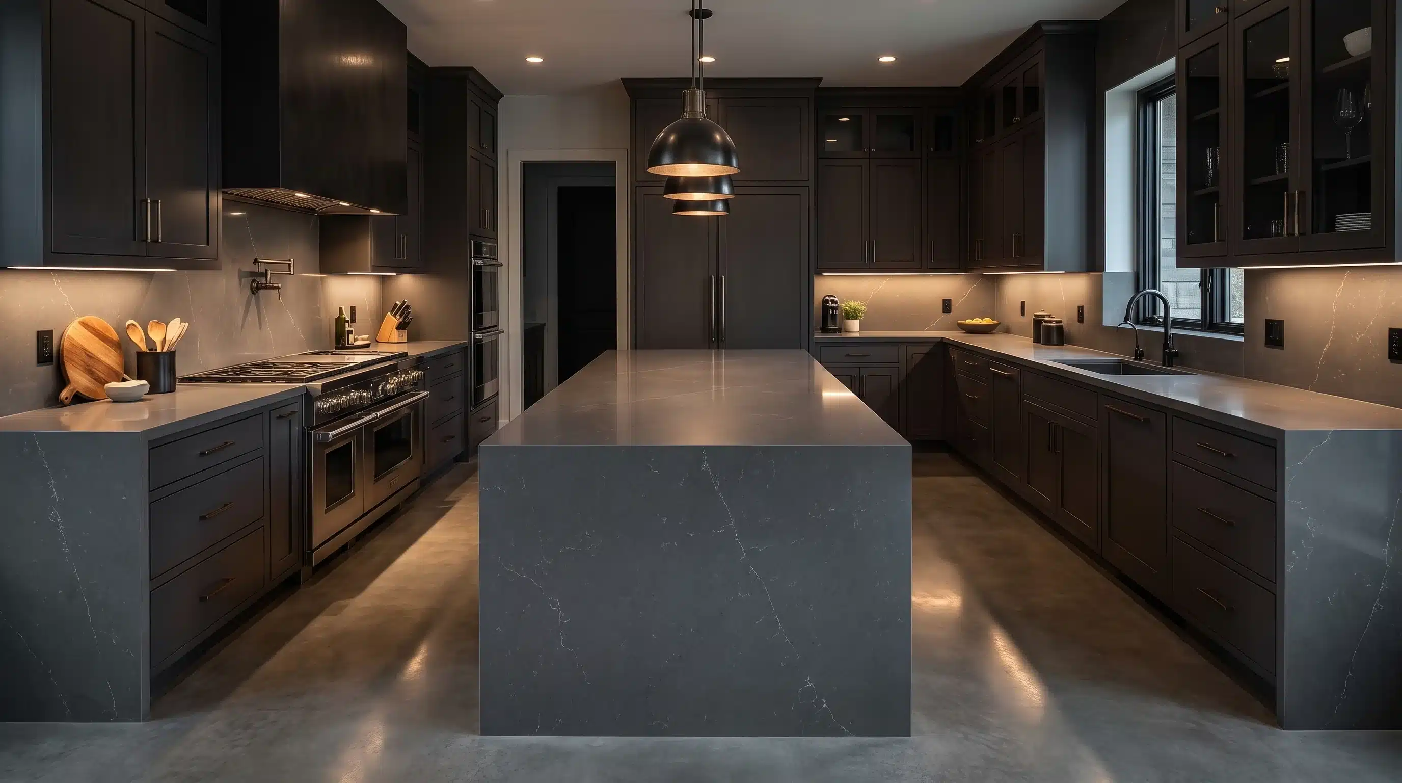 Misterio CQM437 quartz worktop in a wide-angle kitchen setting