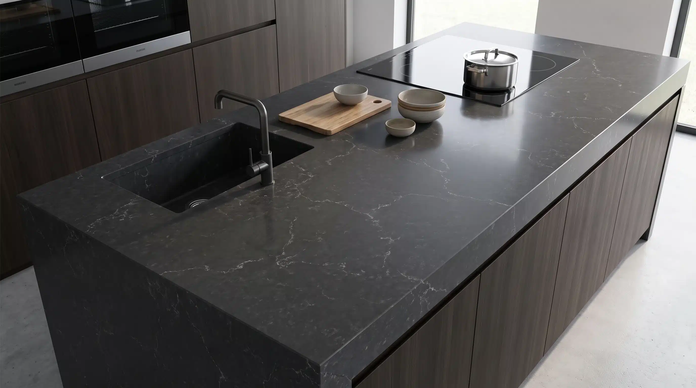 Overhead view of Misterio CQM437 quartz worktop in a fitted kitchen
