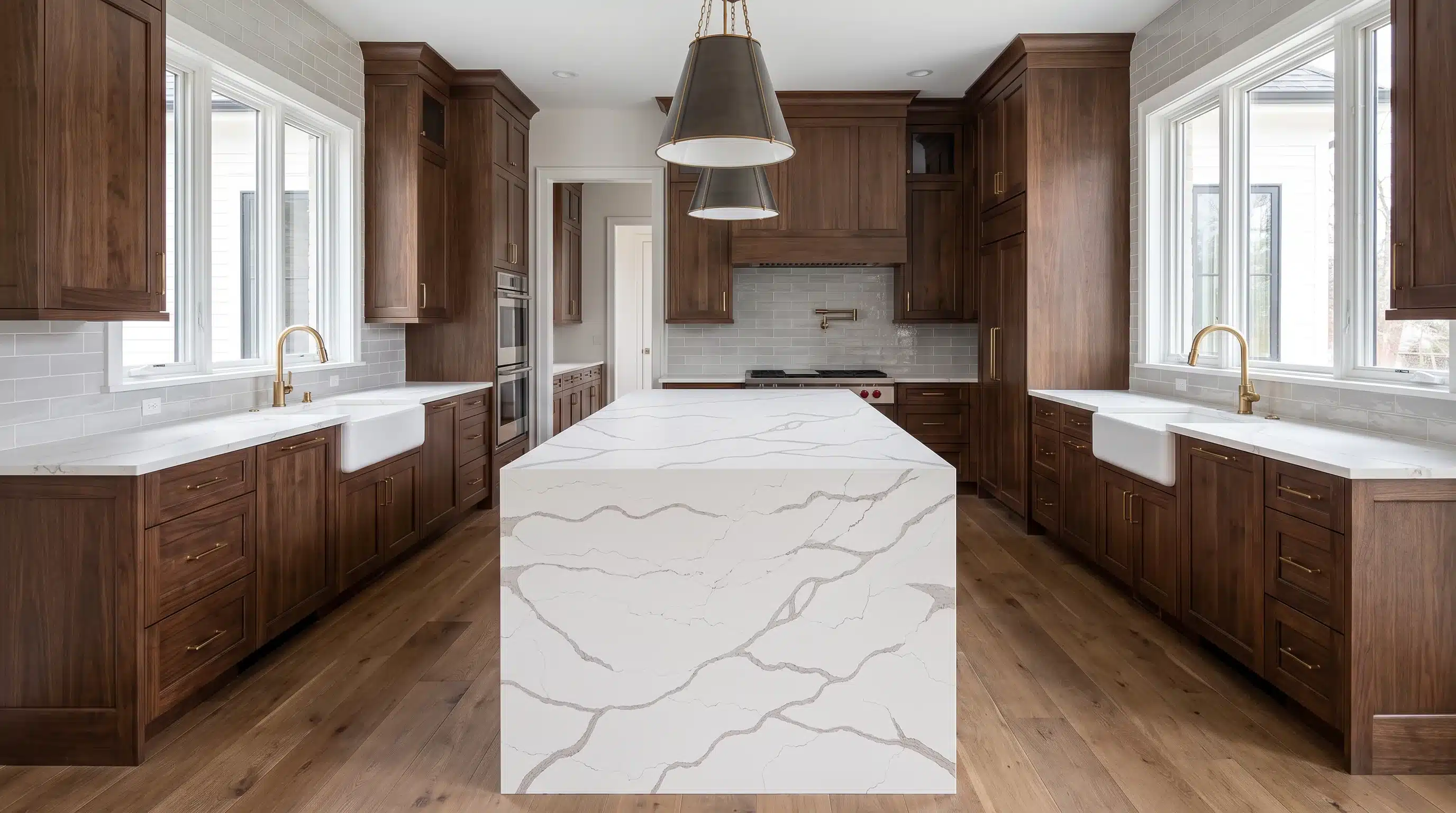 Calacatta Nova CQM438 quartz worktop in a wide-angle kitchen setting