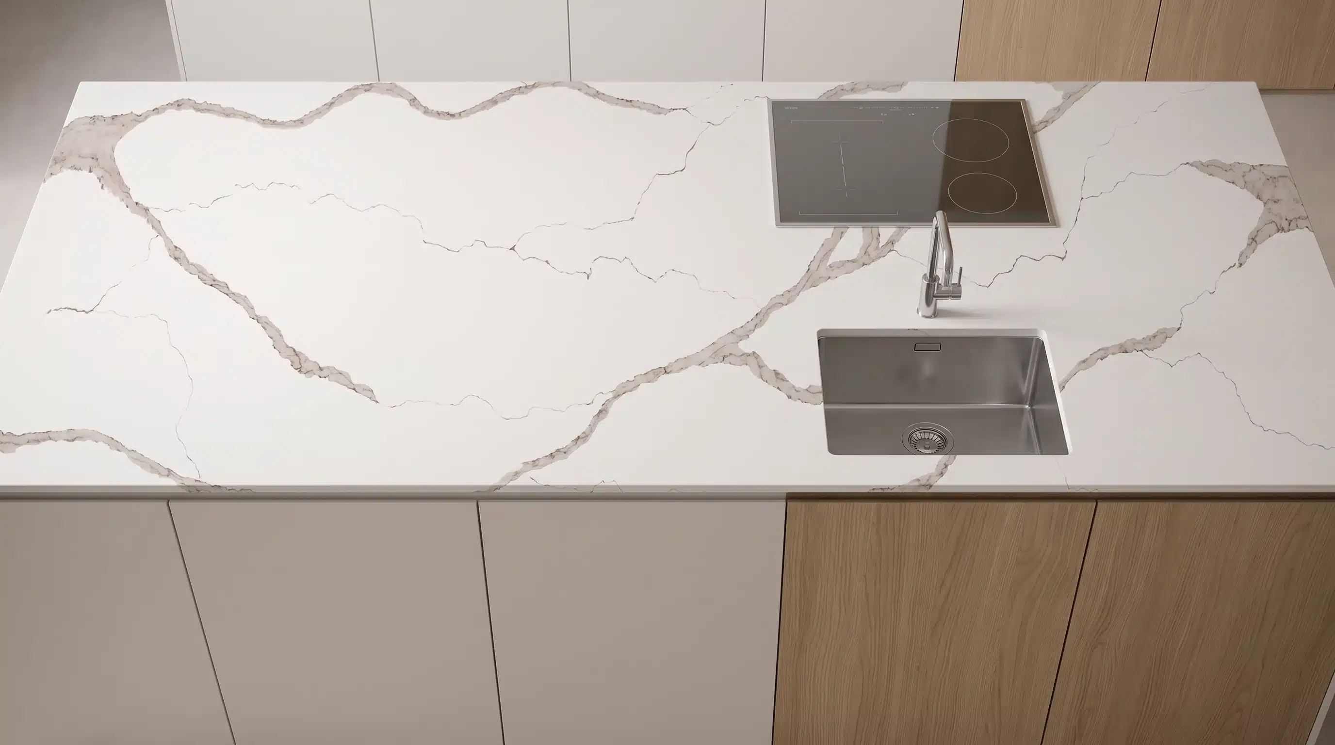 Overhead view of Calacatta Nova CQM438 quartz worktop in a fitted kitchen