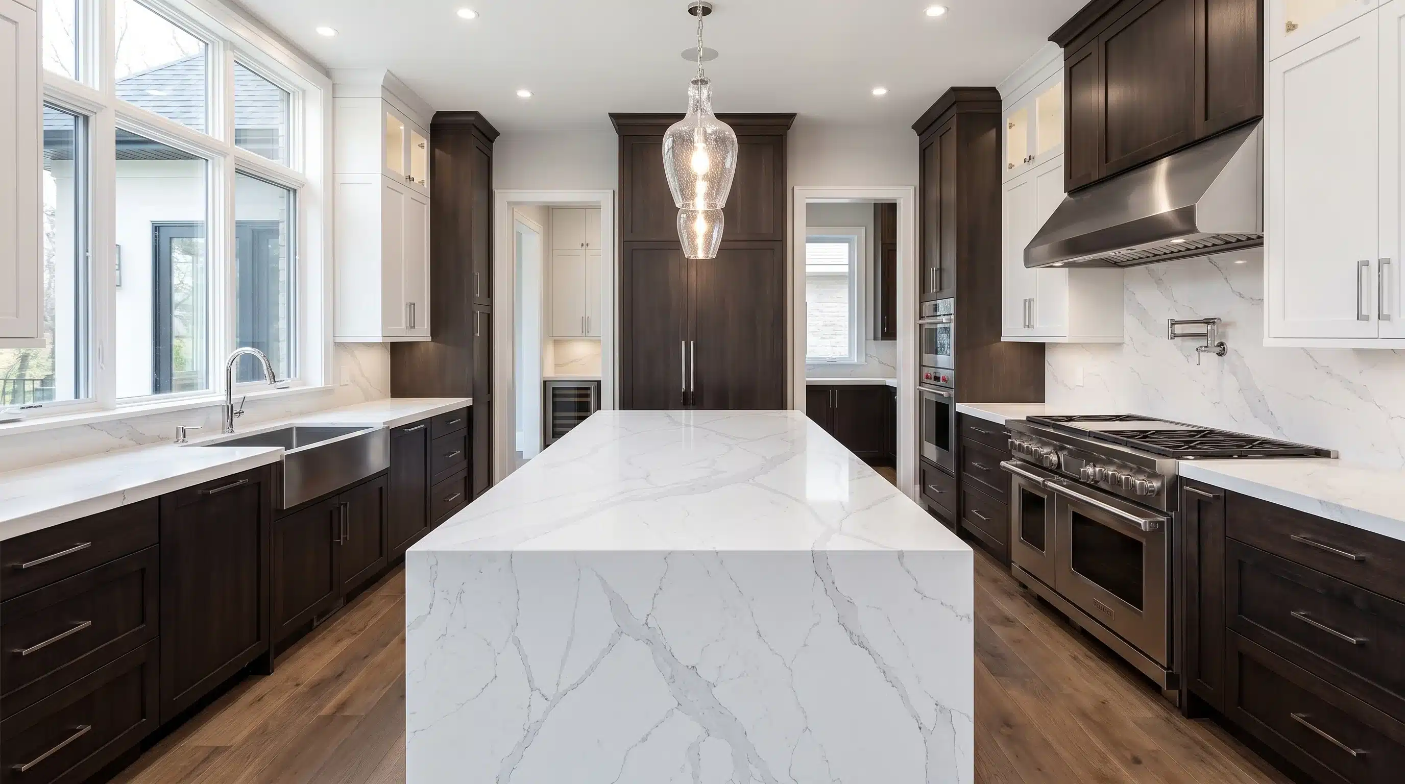 Torrano Perla CQM446 quartz worktop in a wide-angle kitchen setting