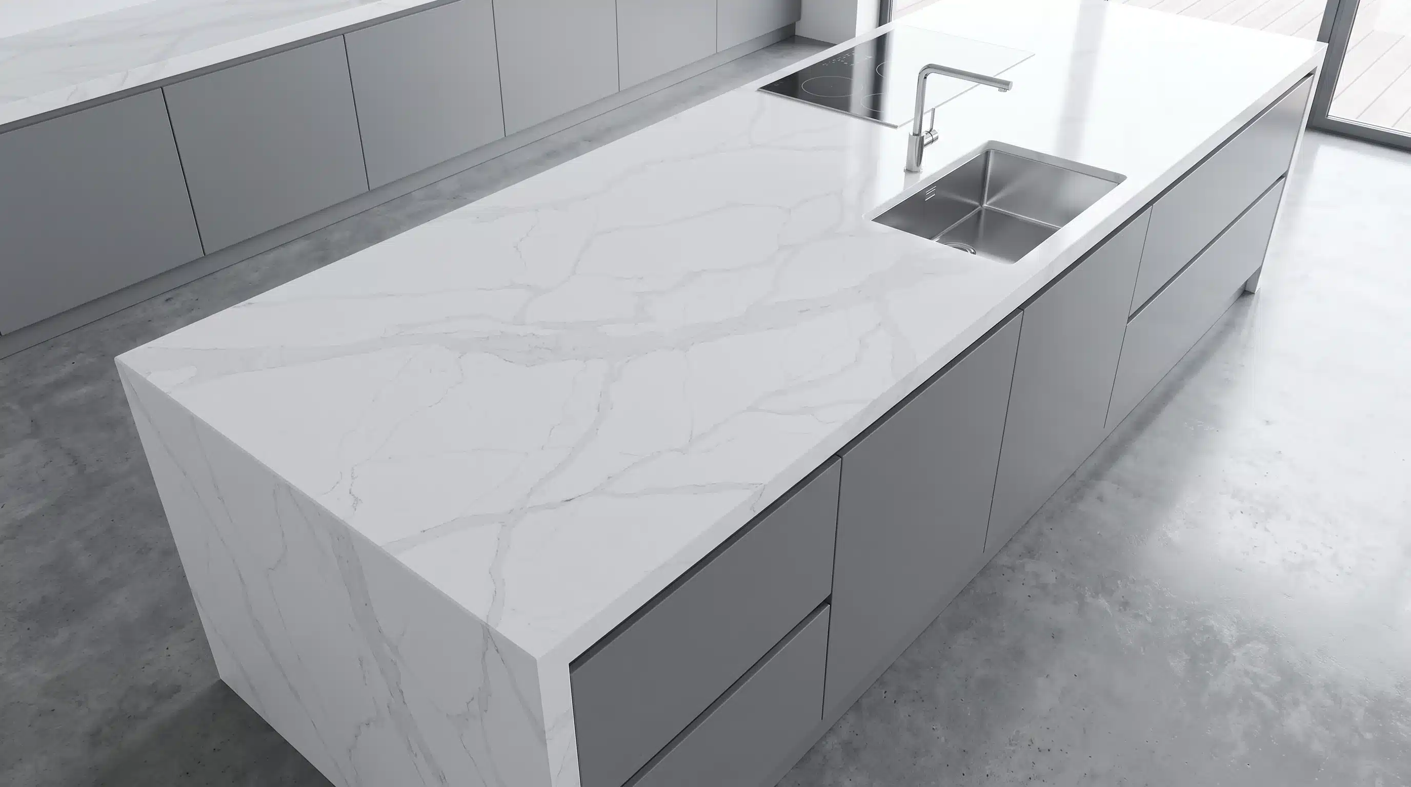 Overhead view of Torrano Perla CQM446 quartz worktop in a fitted kitchen