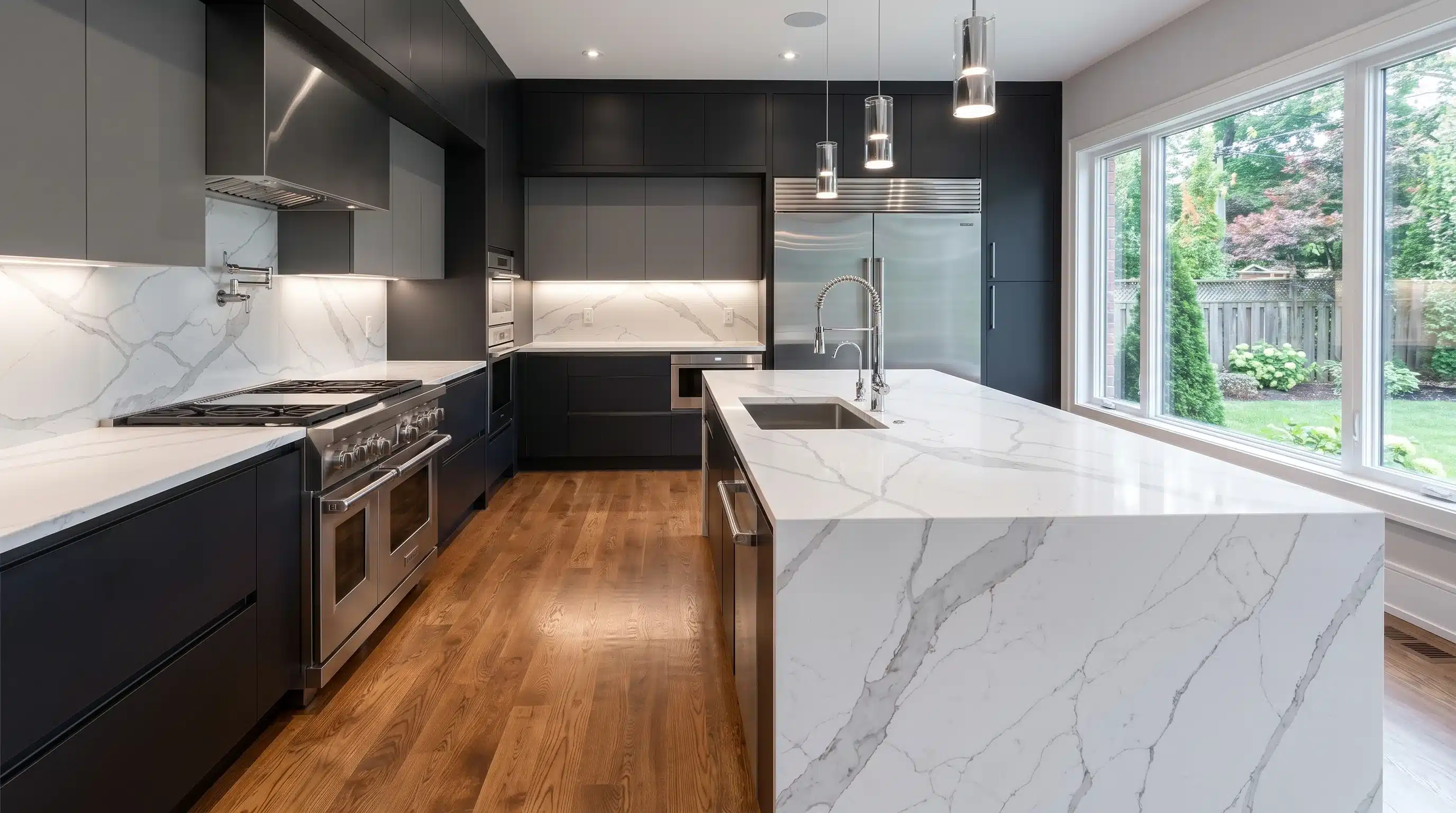 Torrano Grey CQM447 quartz worktop in a wide-angle kitchen setting