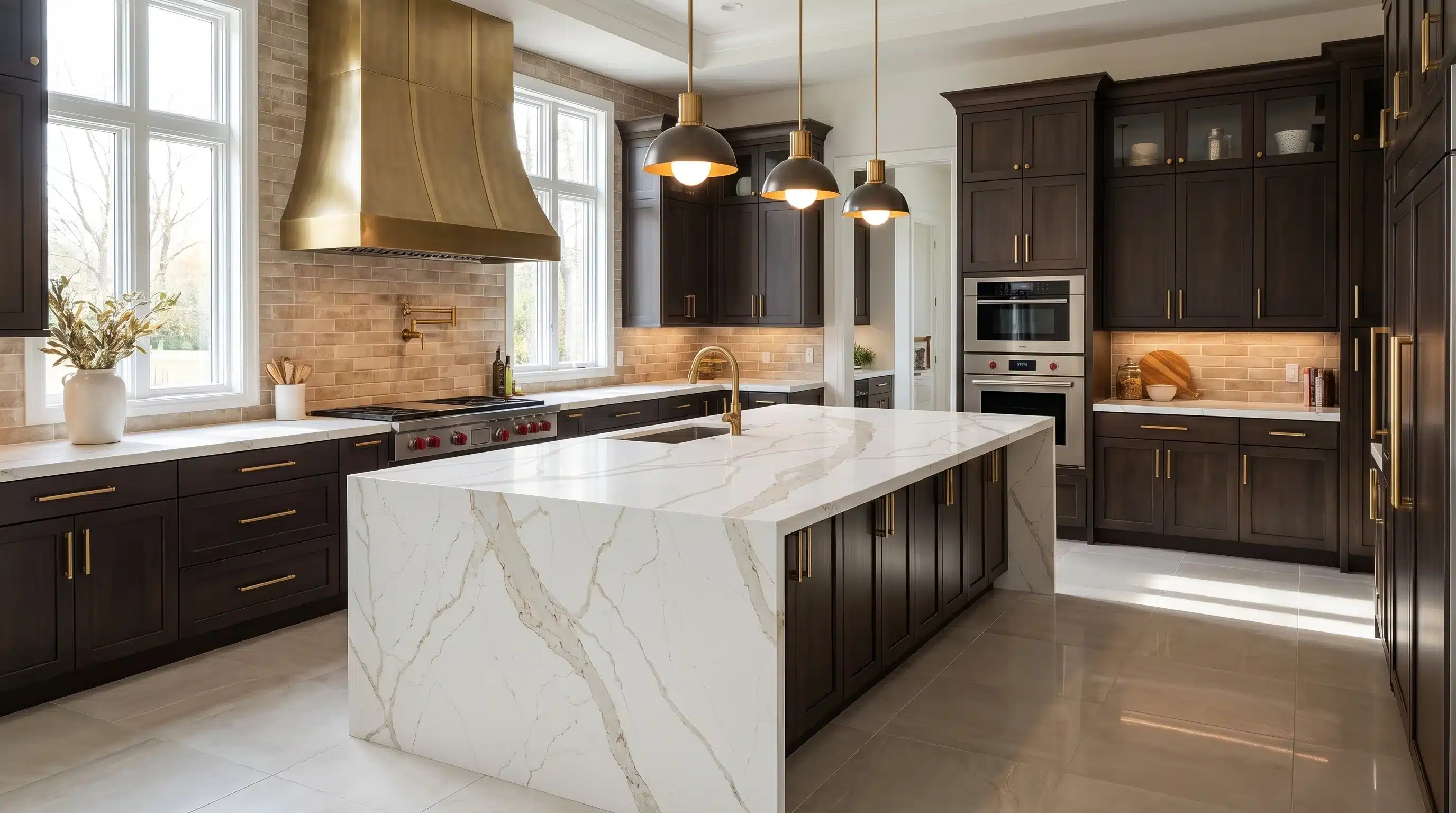 Torrano Gold CQM448 quartz worktop in a wide-angle kitchen setting