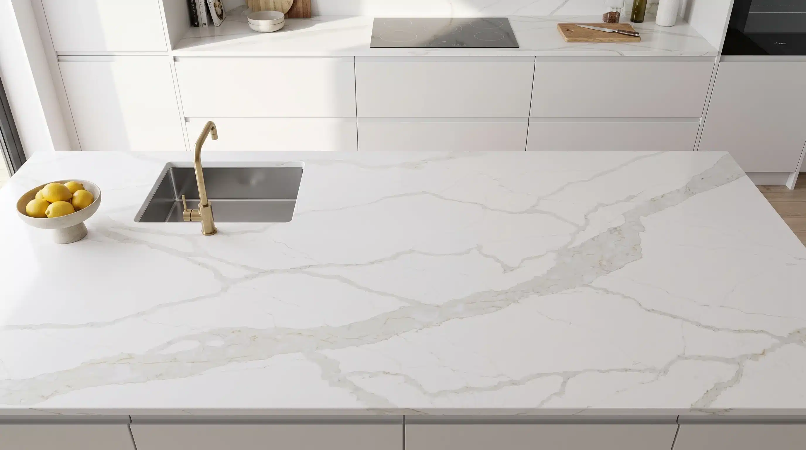 Overhead view of Torrano Gold CQM448 quartz worktop in a fitted kitchen