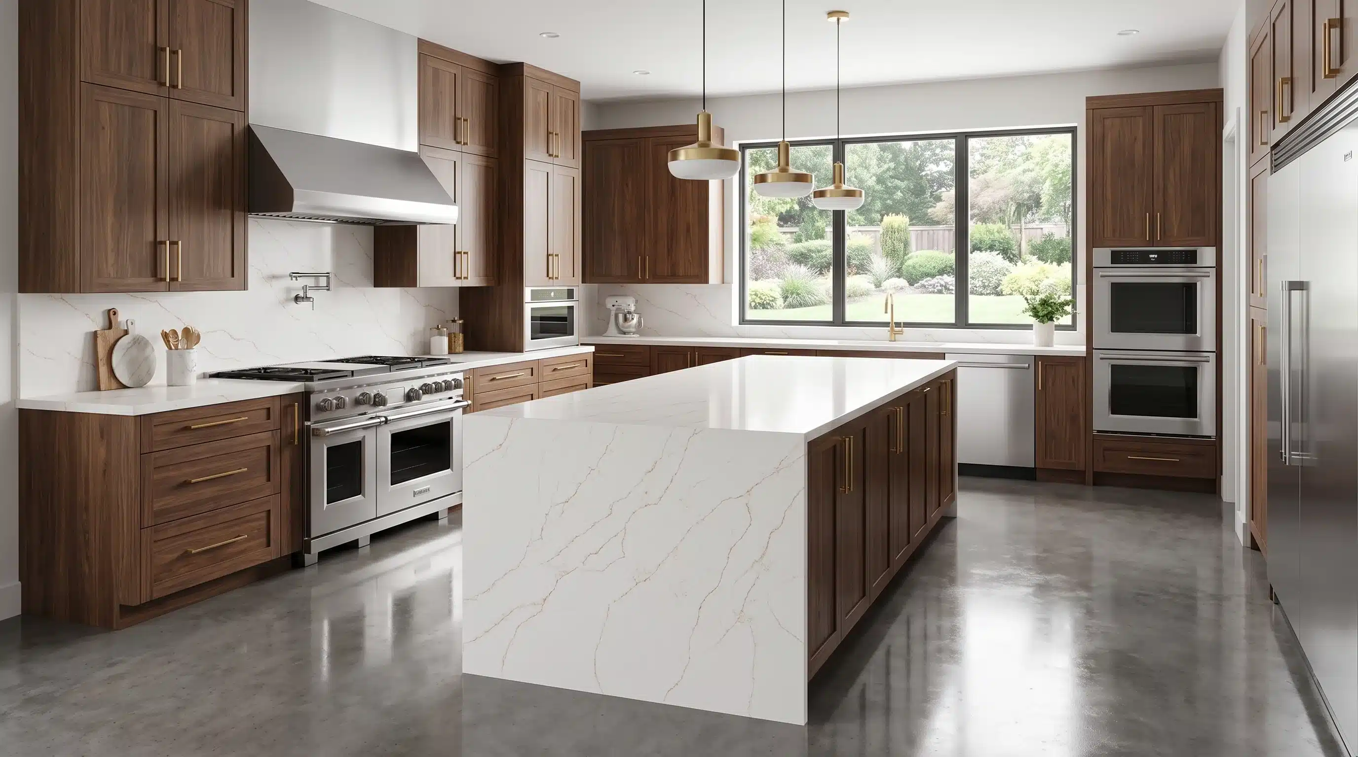 Moderna Gold CQM449 quartz worktop in a wide-angle kitchen setting
