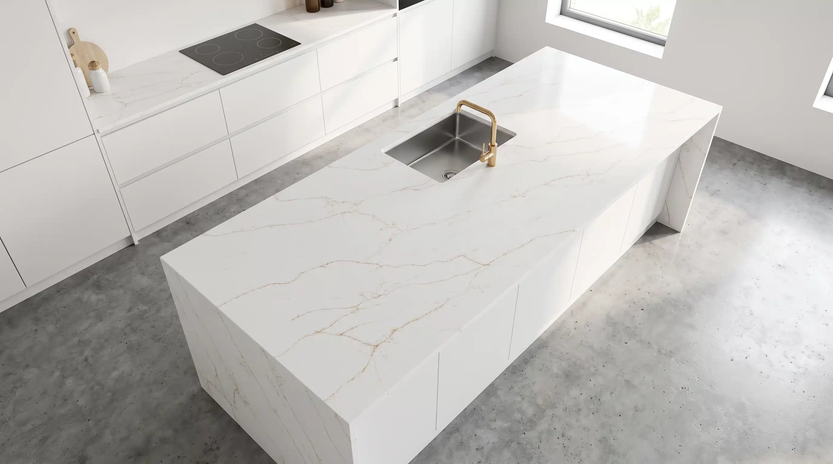 Overhead view of Moderna Gold CQM449 quartz worktop in a fitted kitchen