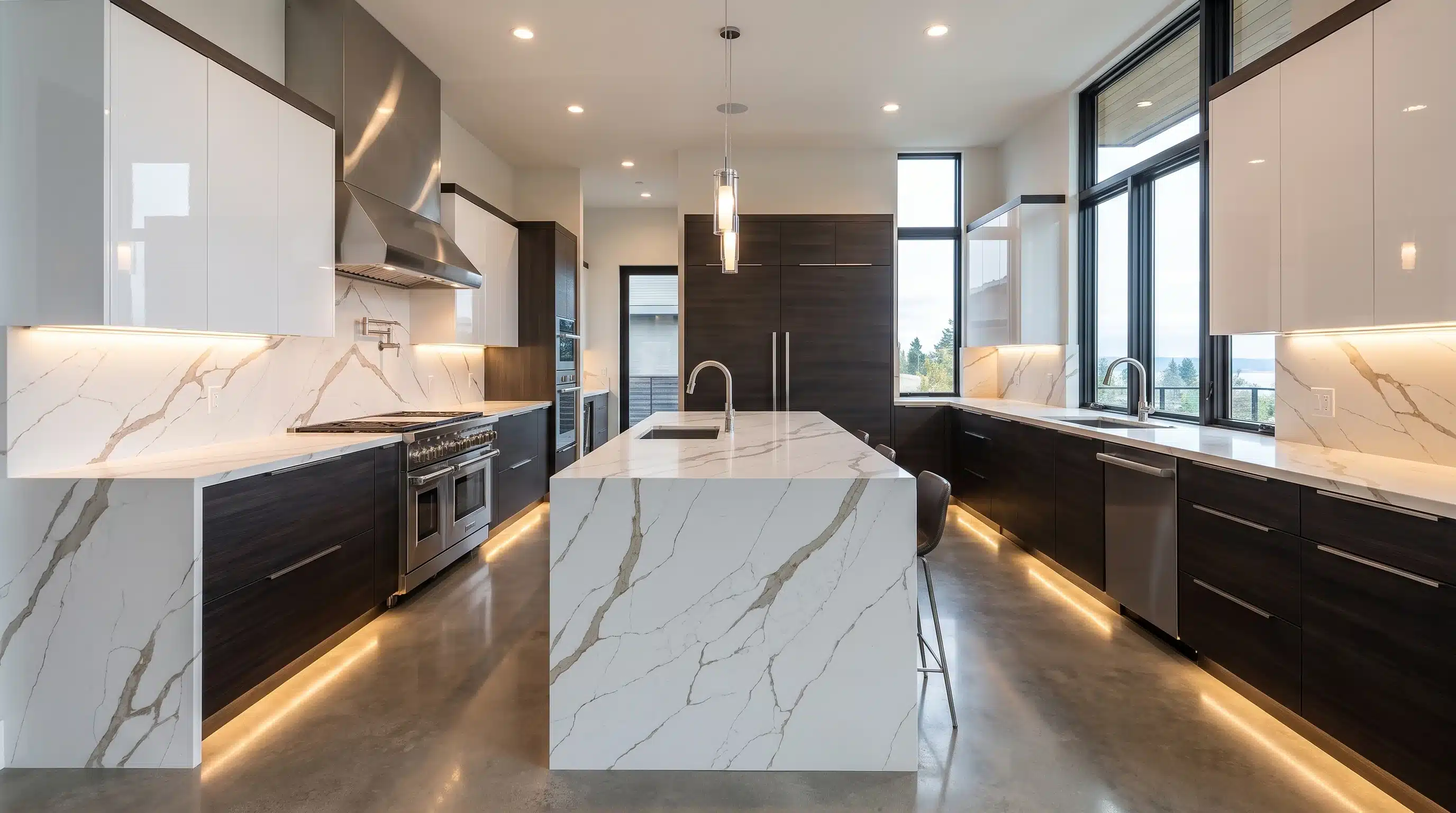 Delano CQM450 quartz worktop in a wide-angle kitchen setting