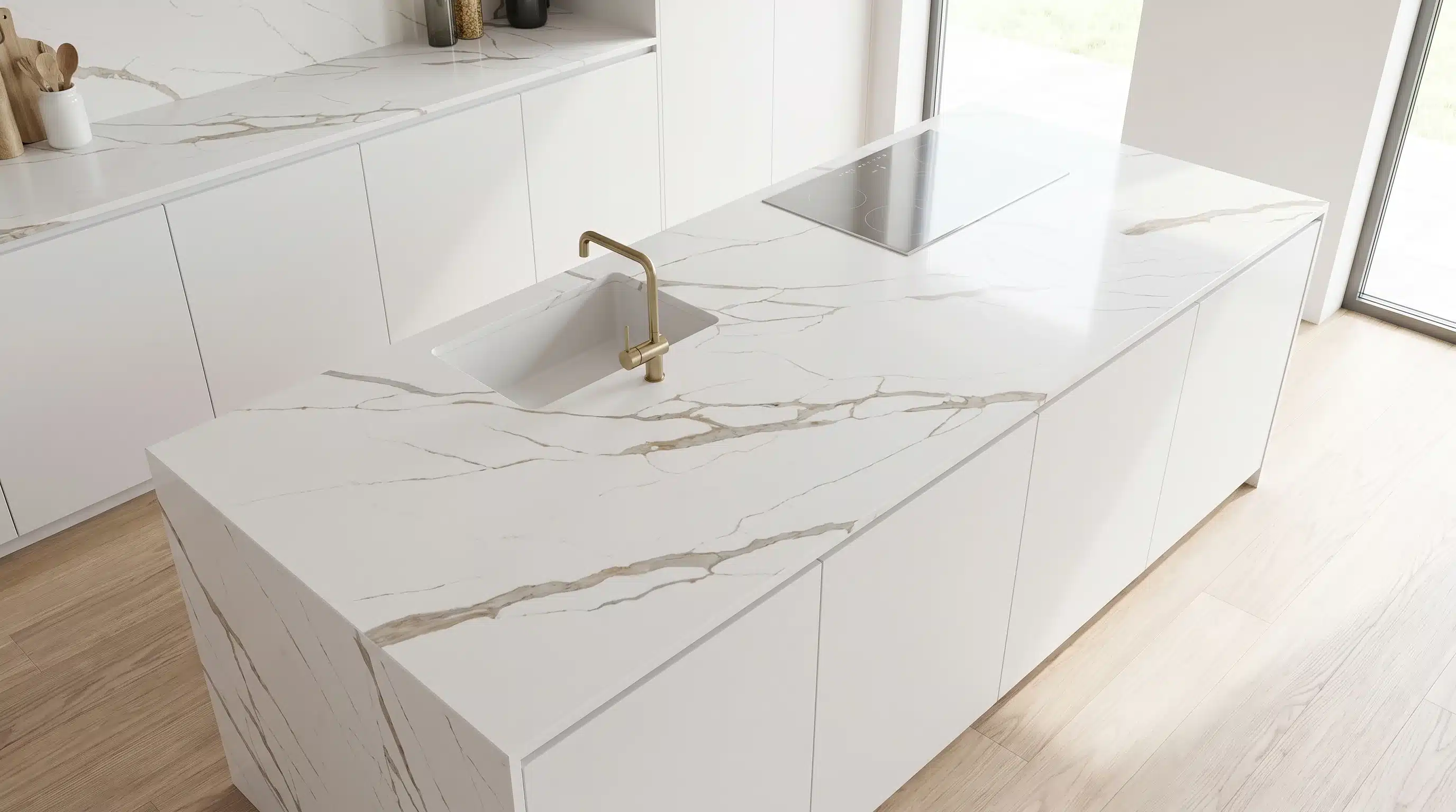 Overhead view of Delano CQM450 quartz worktop in a fitted kitchen