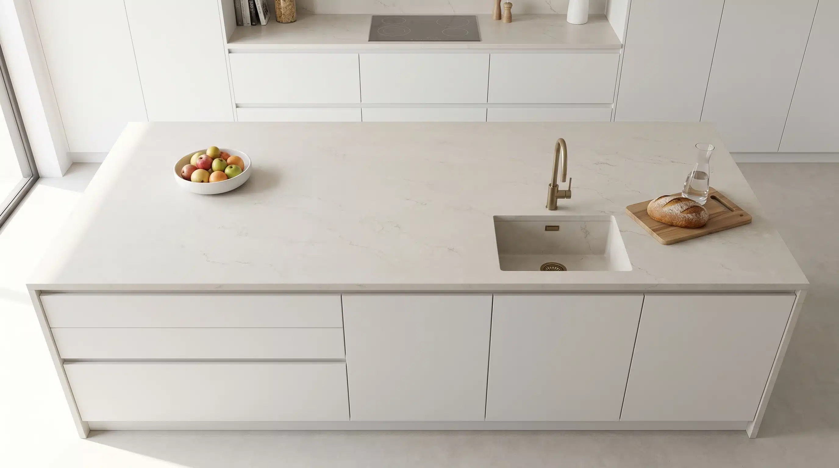 Overhead view of Antigua CQM453 quartz worktop in a fitted kitchen