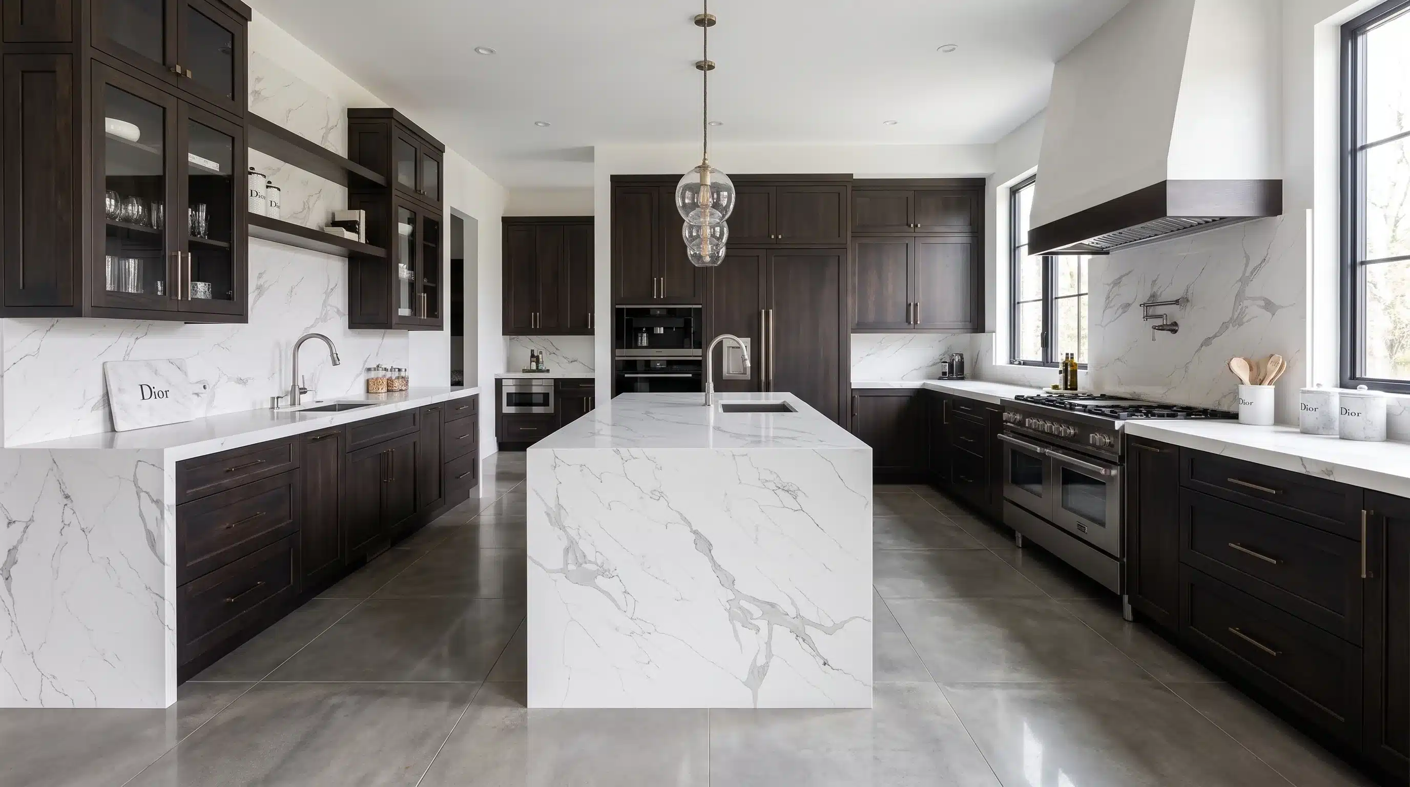 Dior CQM456 quartz worktop in a wide-angle kitchen setting