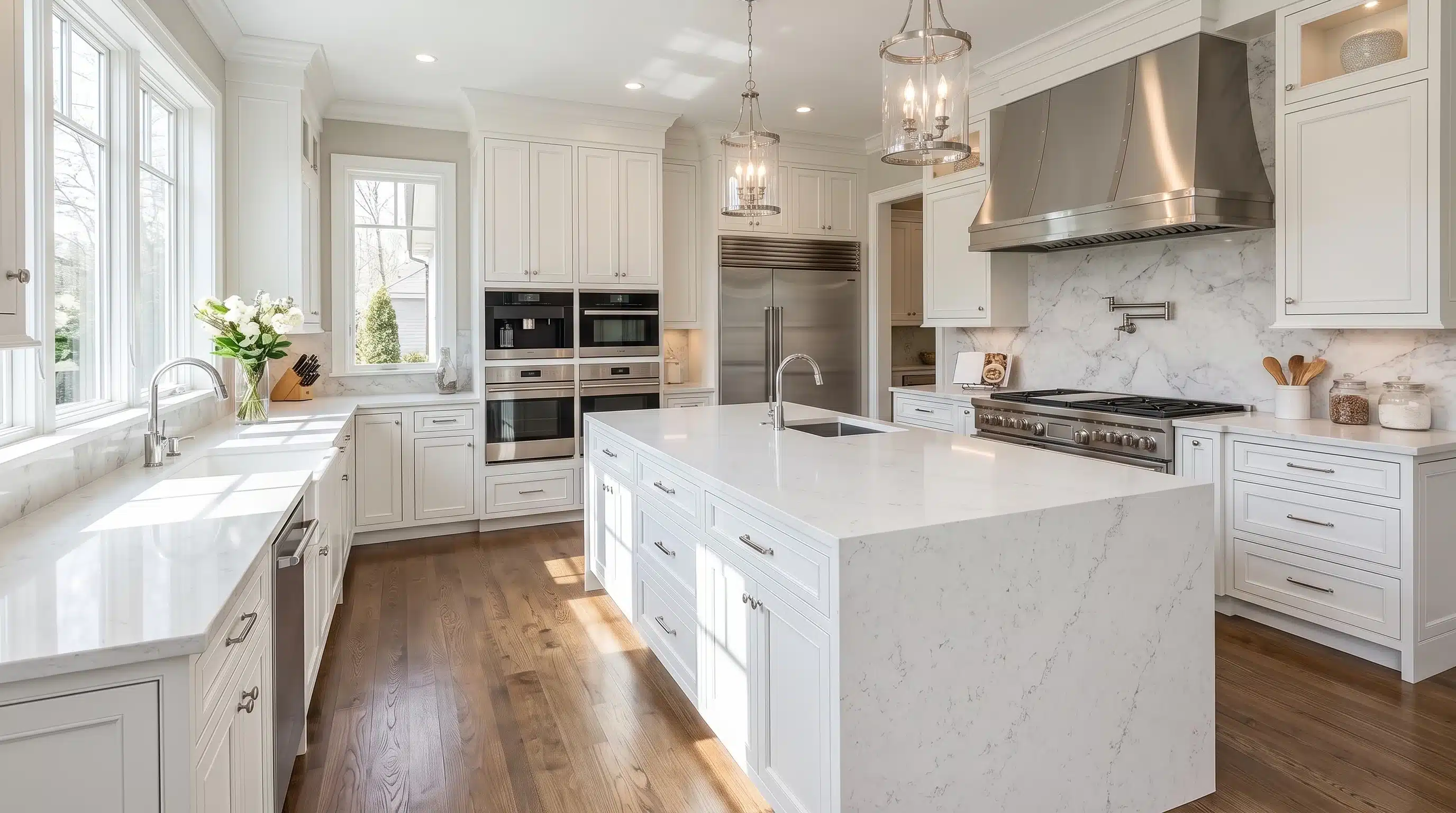 Diamond CQM457 quartz worktop in a wide-angle kitchen setting