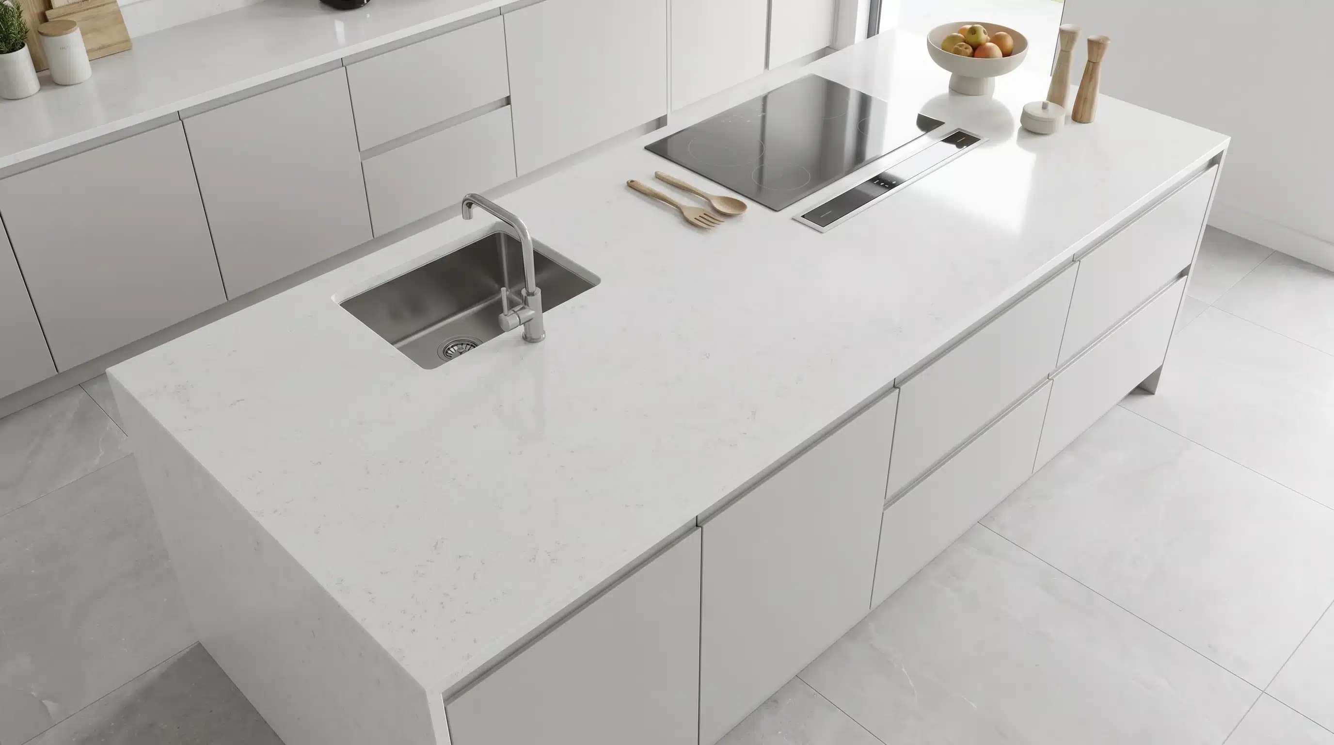 Overhead view of Diamond CQM457 quartz worktop in a fitted kitchen
