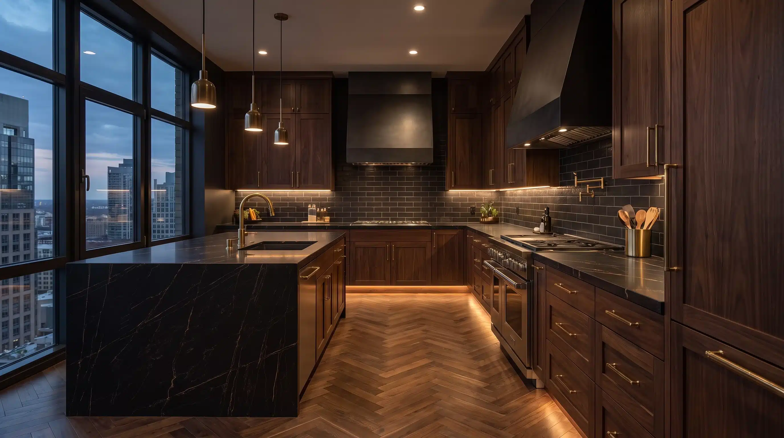 Portoro CQM458 quartz worktop in a wide-angle kitchen setting