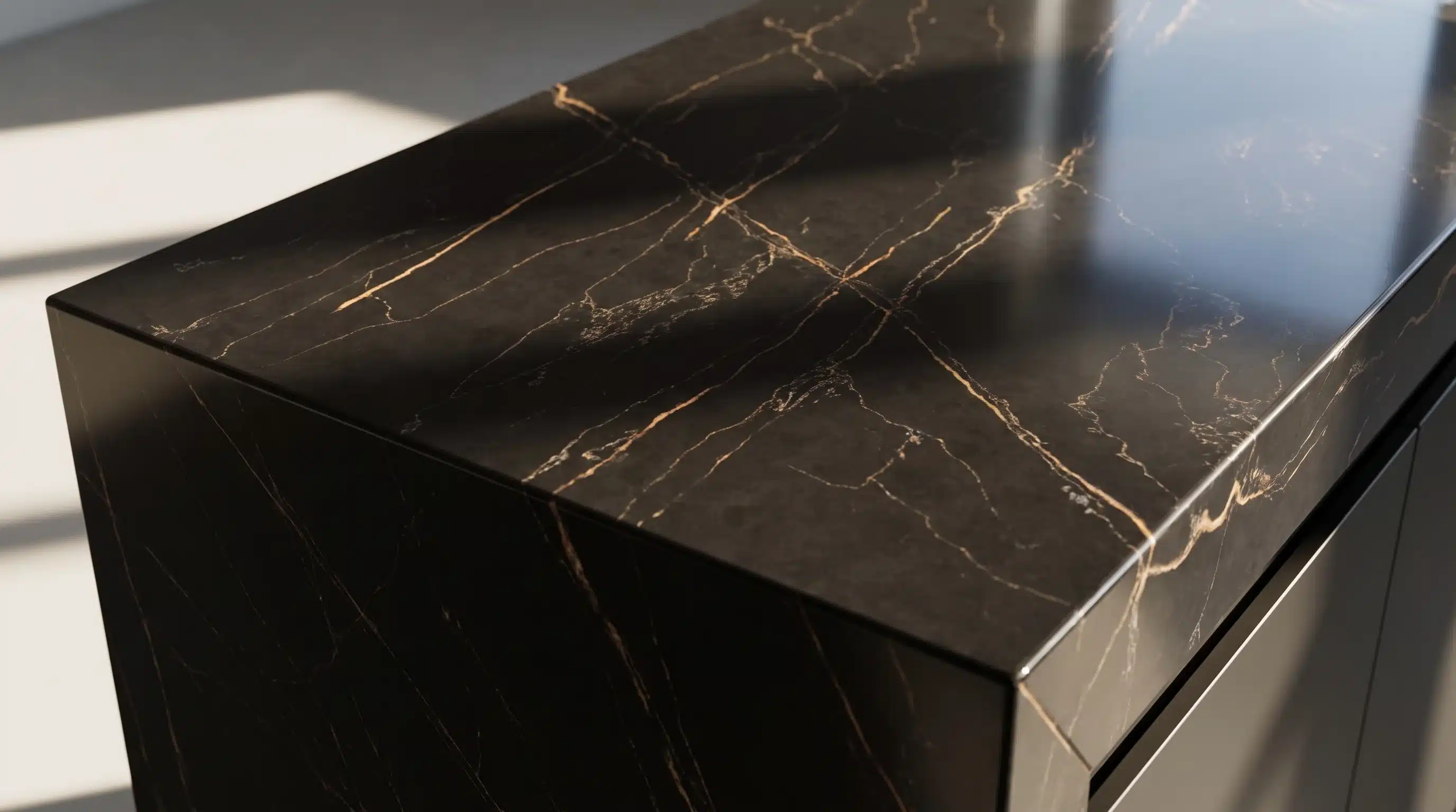 Close-up of Portoro CQM458 quartz worktop surface detail