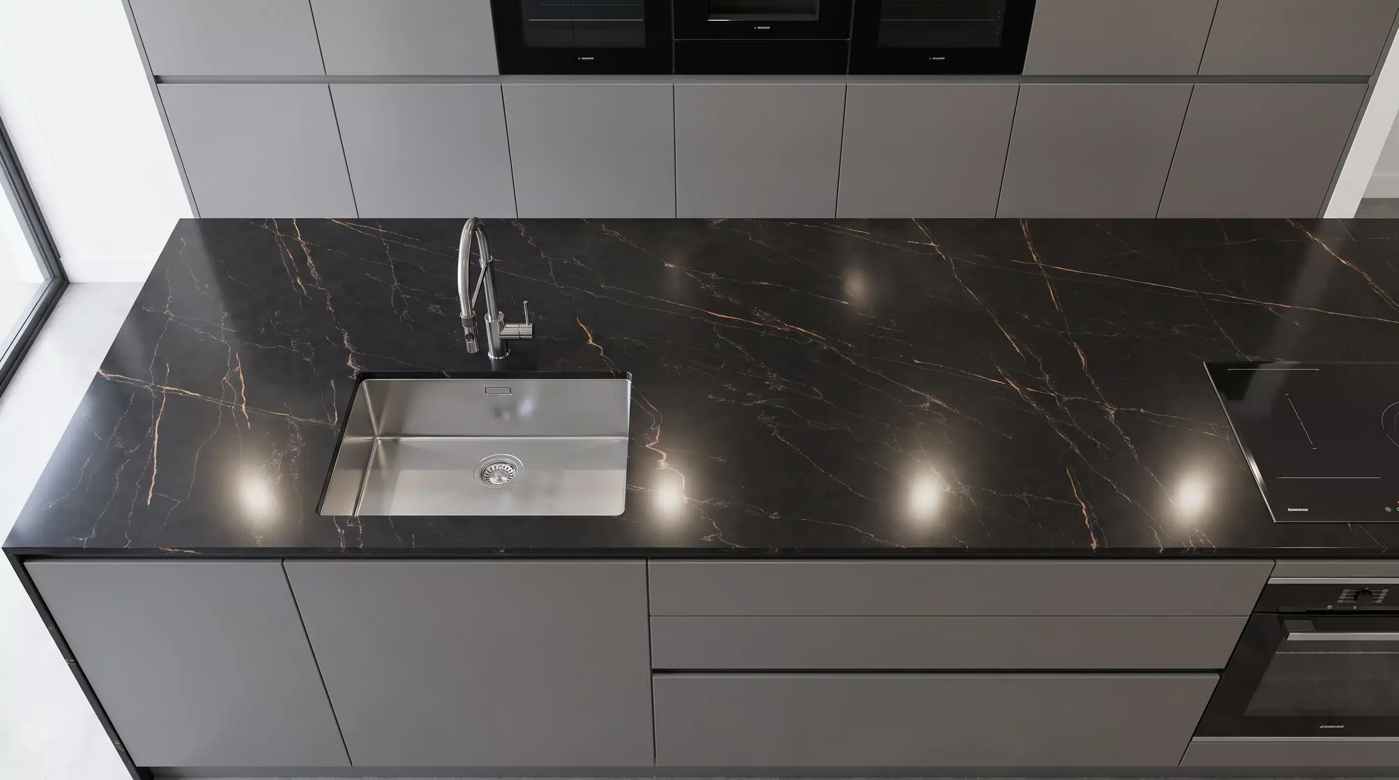 Overhead view of Portoro CQM458 quartz worktop in a fitted kitchen