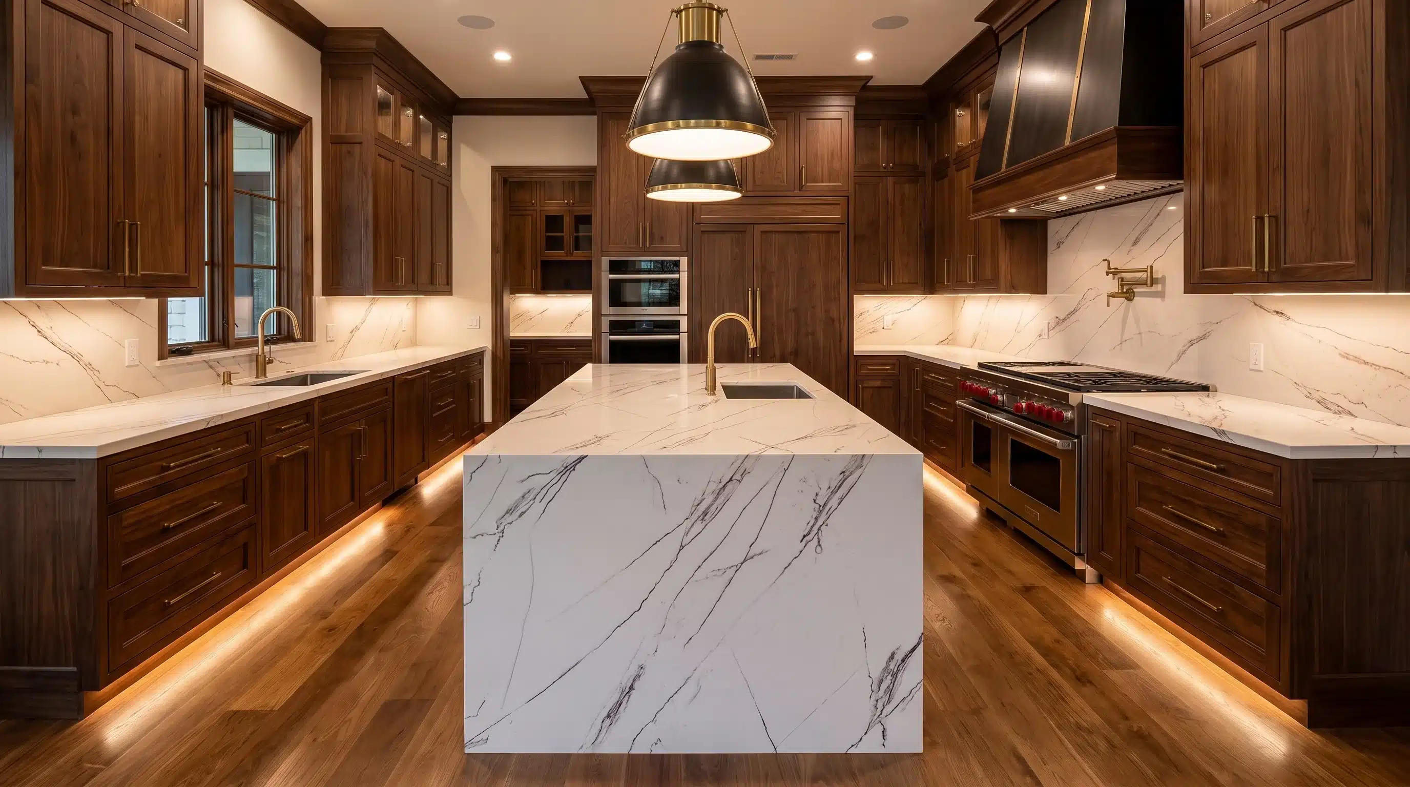Calacatta Blush CQM461 quartz worktop in a wide-angle kitchen setting