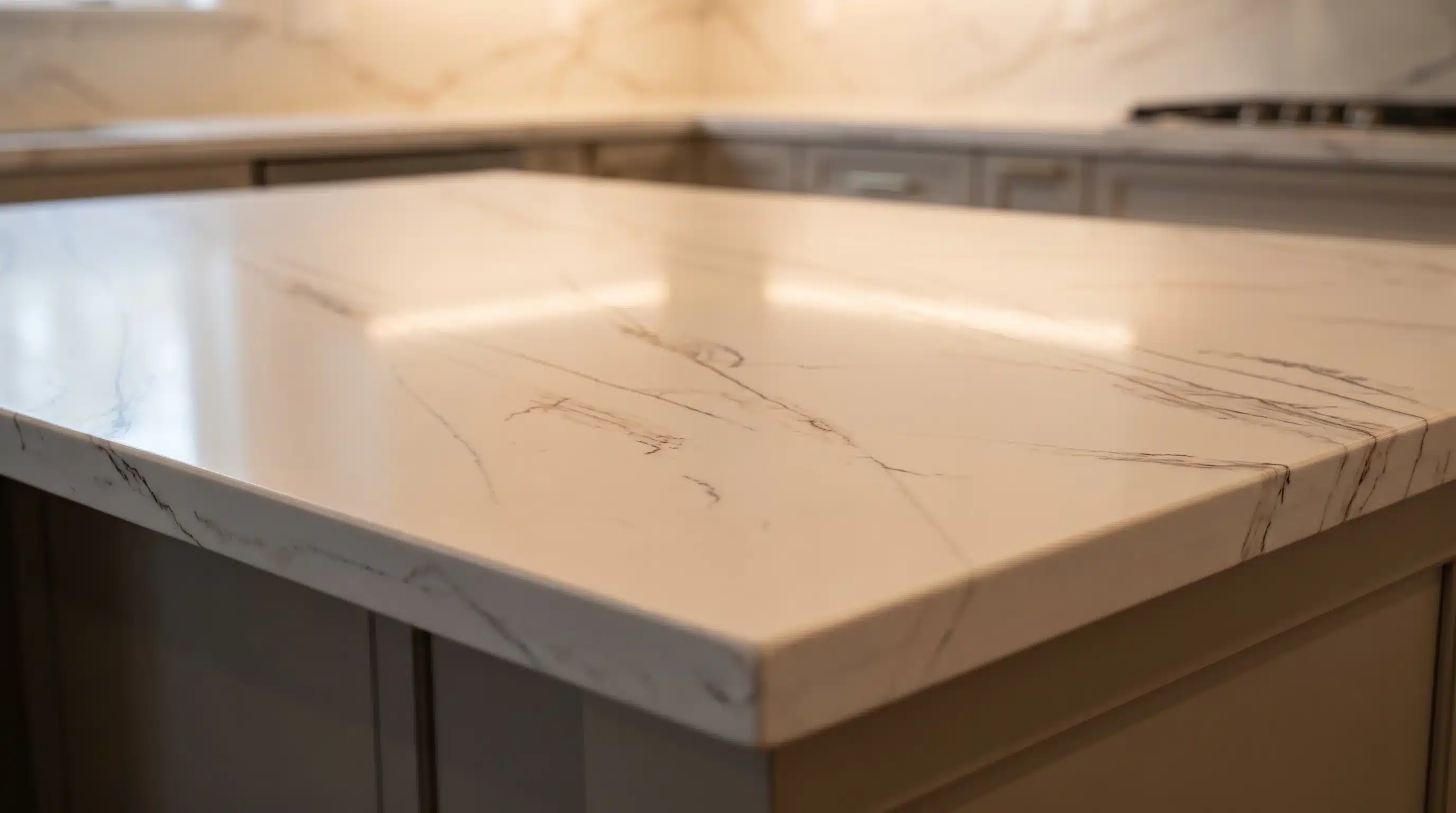Close-up of Calacatta Blush CQM461 quartz worktop surface detail
